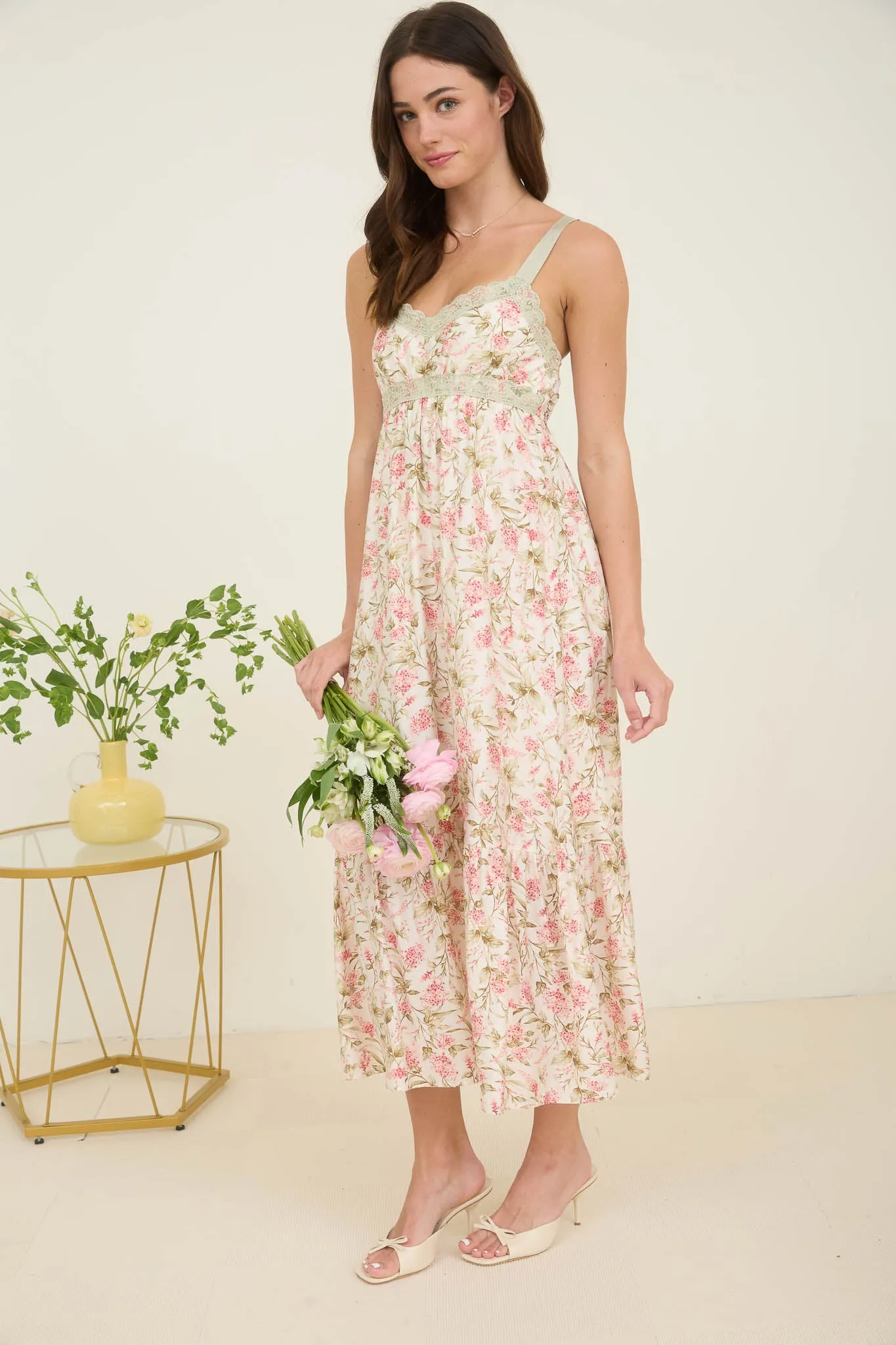FLORAL LACE TRIM RIBBON STRAP BACK TIE MIDI DRESS sold by Blu Pepper product image thumbnail 3