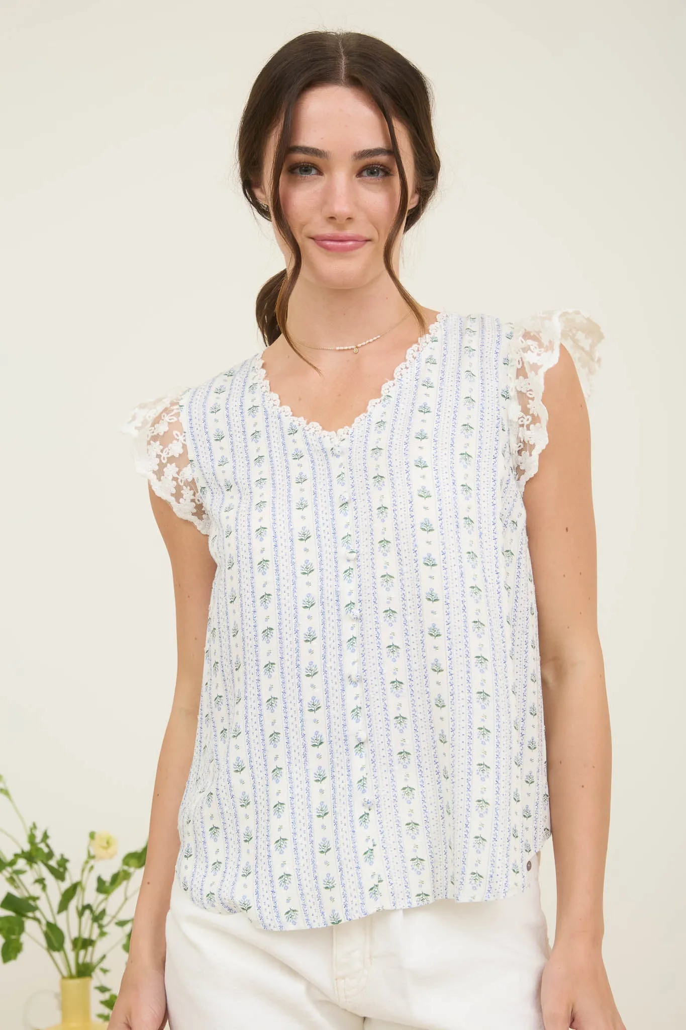 STRIPE FLORAL V NECK LACE TRIM BUTTON DOWN BLOUSE sold by Blu Pepper product image thumbnail 5