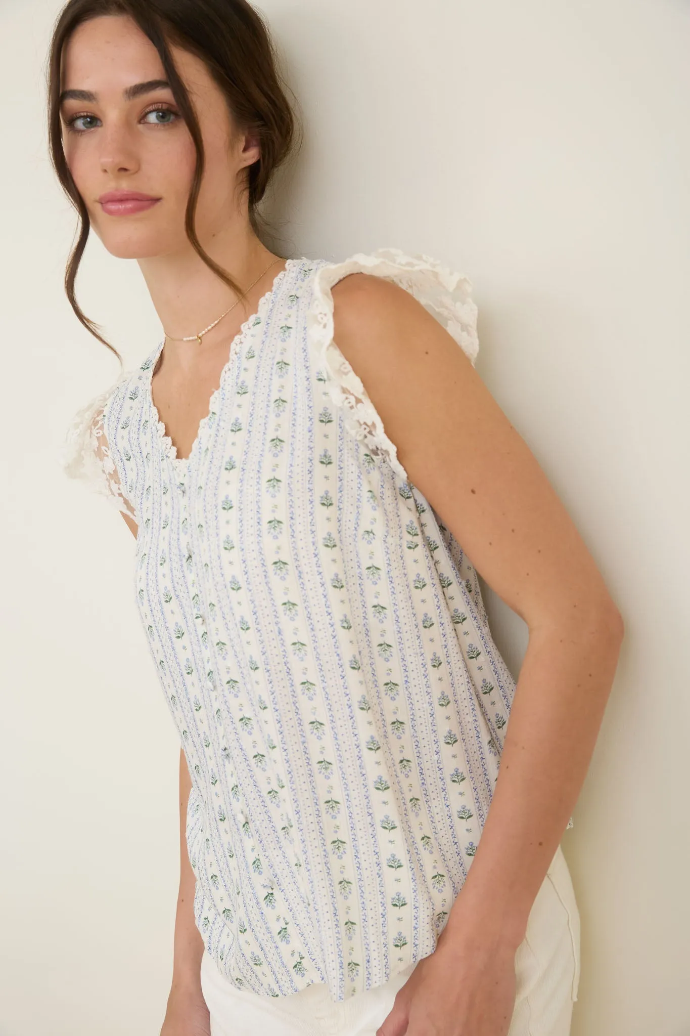 STRIPE FLORAL V NECK LACE TRIM BUTTON DOWN BLOUSE sold by Blu Pepper product image thumbnail 4