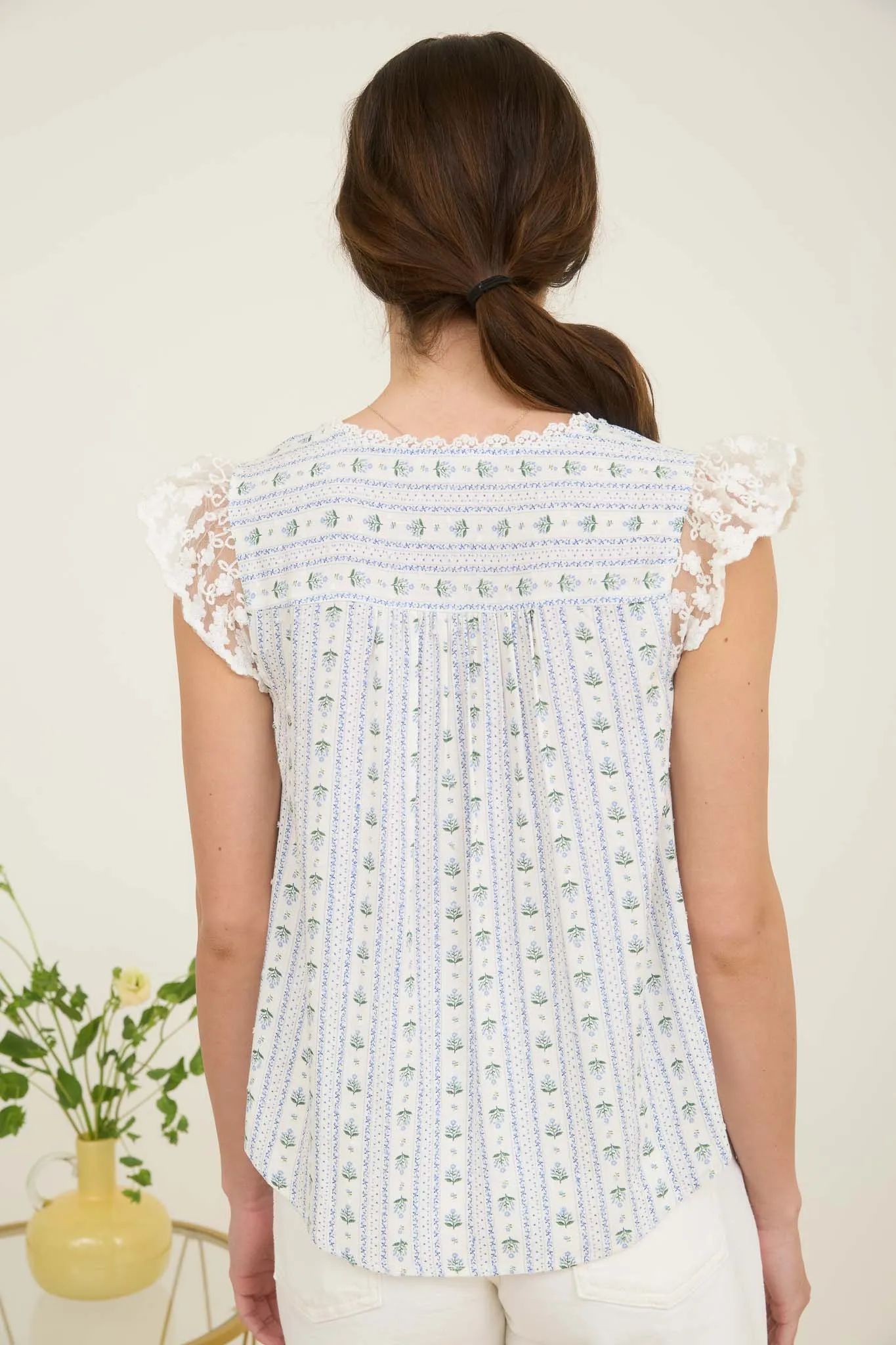 STRIPE FLORAL V NECK LACE TRIM BUTTON DOWN BLOUSE sold by Blu Pepper product image thumbnail 2