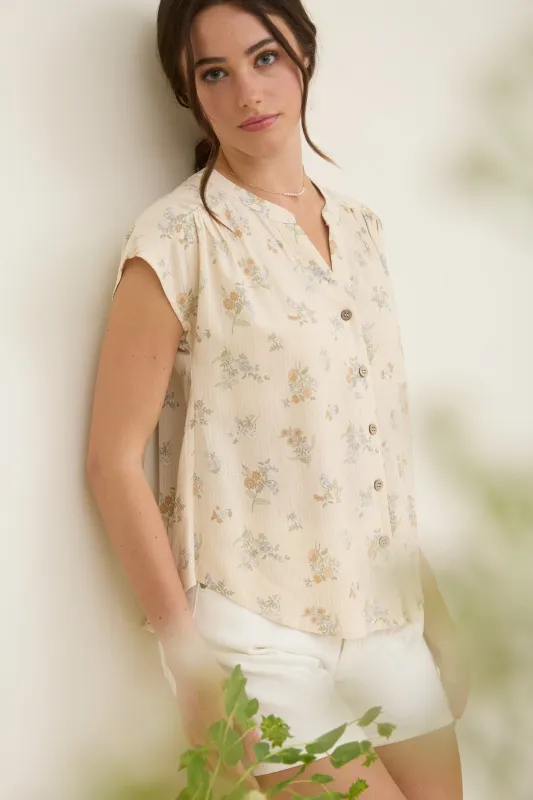 STRIPE FLORAL SHORT SLEEVE BUTTON DOWN TOP sold by Blu Pepper