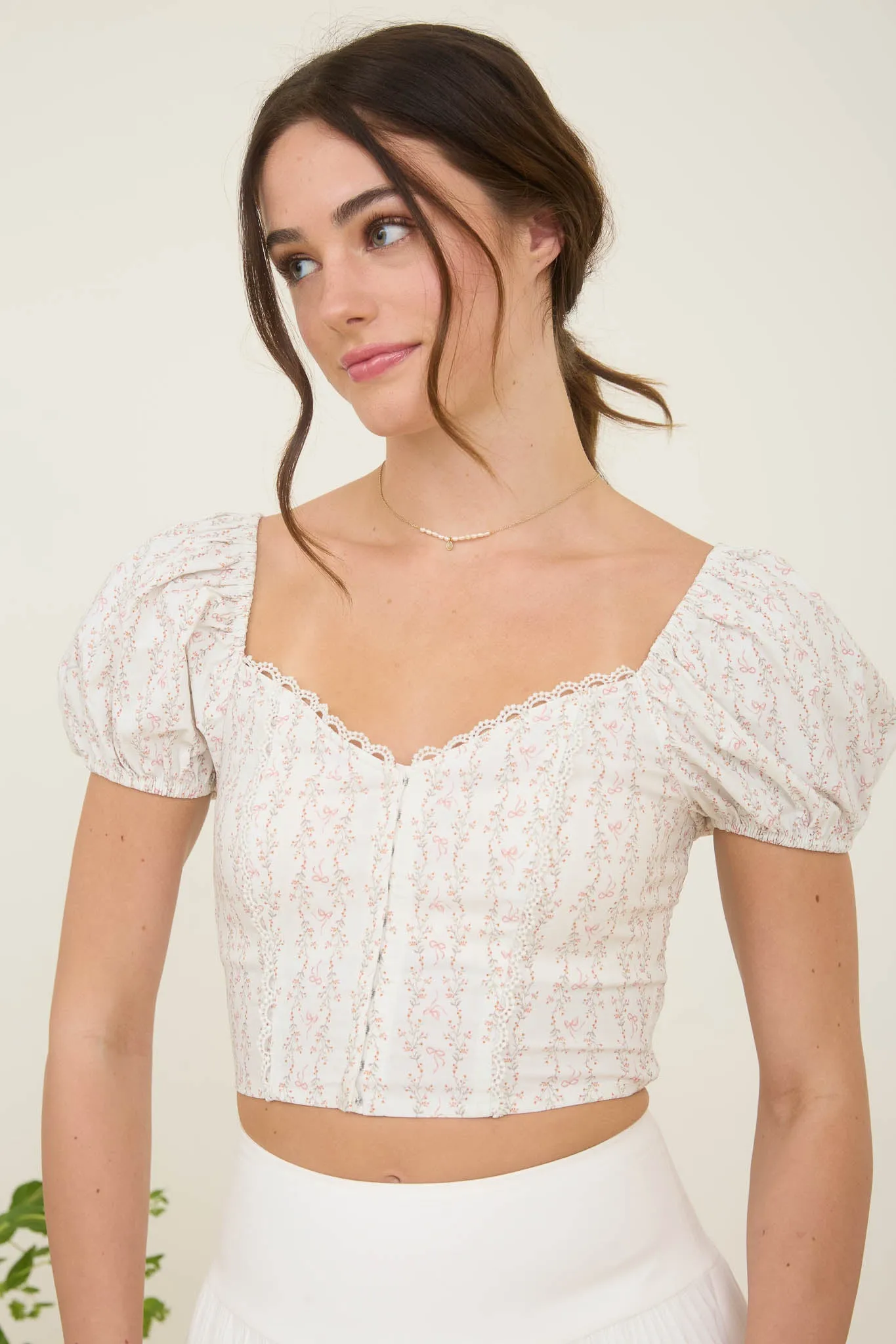 STRIPE FLORAL BOW PATTERN SWEETHEART NECK CROP TOP sold by Blu Pepper product image thumbnail 3
