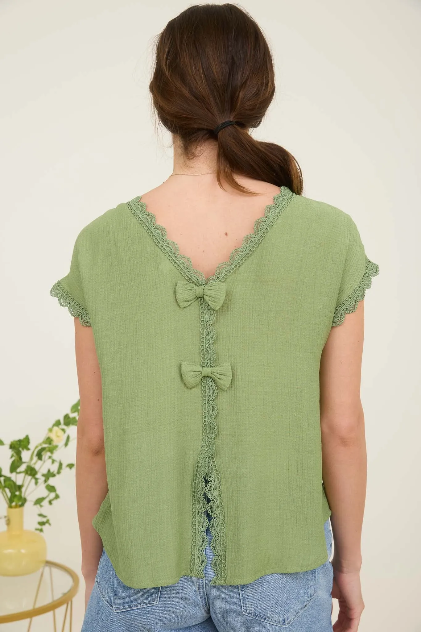 LACE TRIM BACK BOW DETAIL SHORT SLEEVE BLOUSE sold by Blu Pepper product image thumbnail 2
