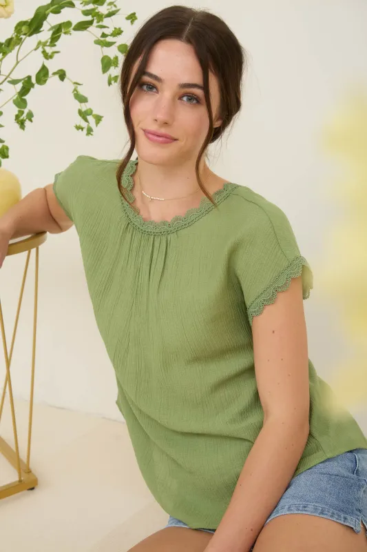 LACE TRIM BACK BOW DETAIL SHORT SLEEVE BLOUSE sold by Blu Pepper