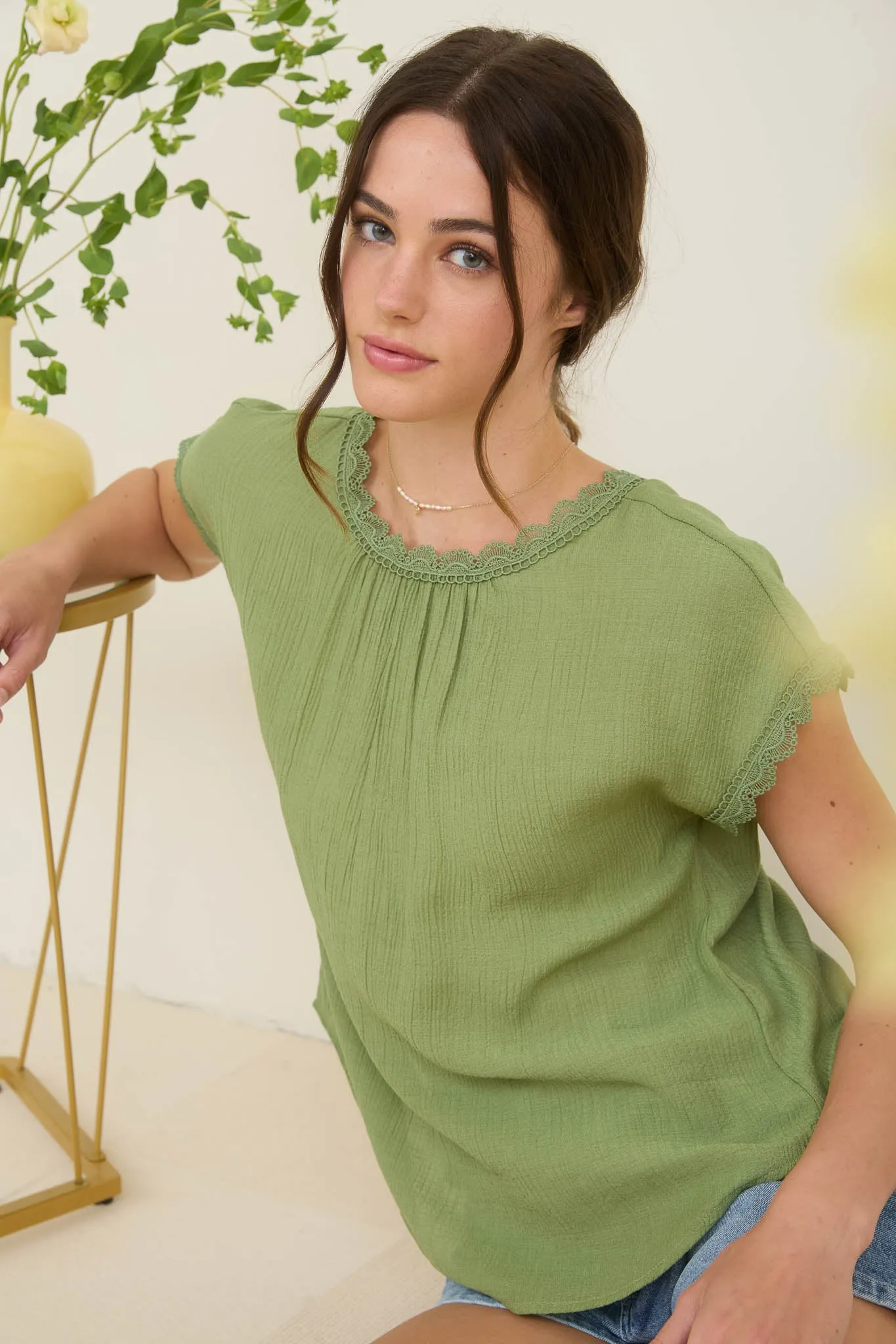 LACE TRIM BACK BOW DETAIL SHORT SLEEVE BLOUSE sold by Blu Pepper product image thumbnail 5