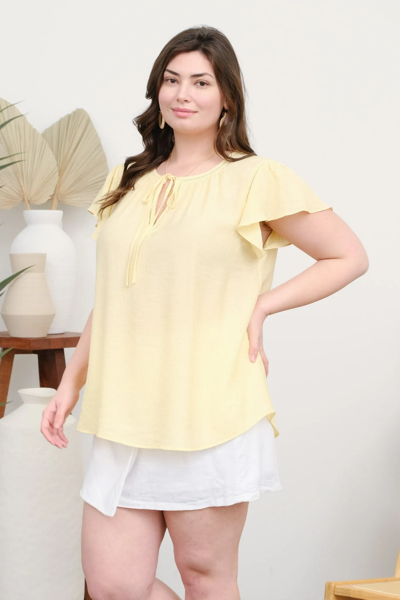 PLUS LADDER LACE TRIM FRONT TIE RUFFLE SLEEVE TOP sold by Blu Pepper product image thumbnail 3