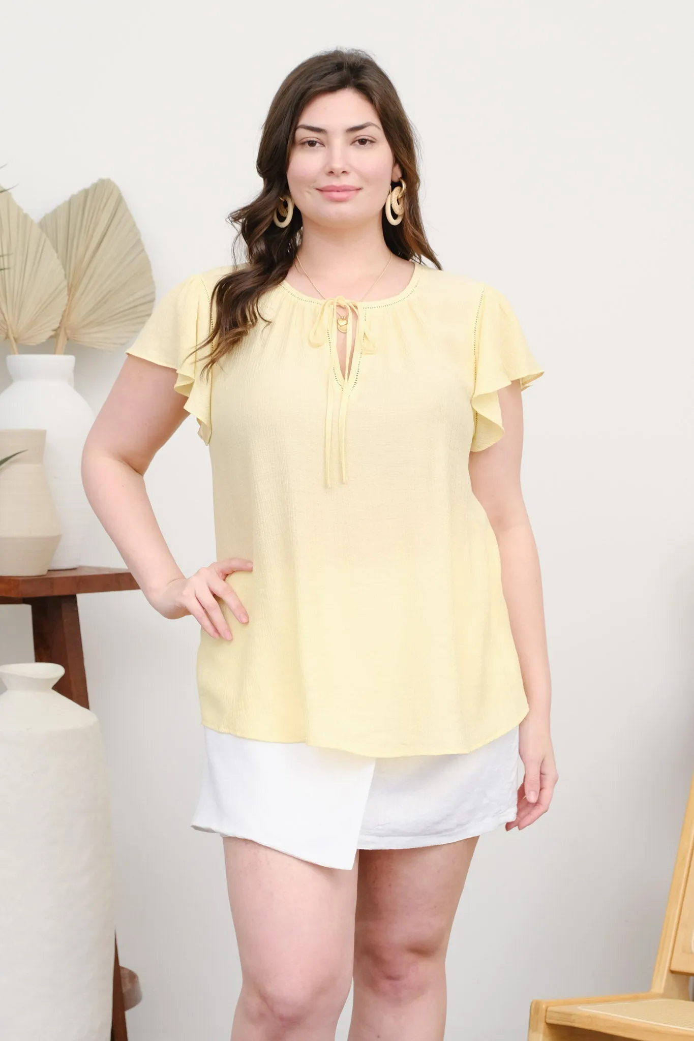 PLUS LADDER LACE TRIM FRONT TIE RUFFLE SLEEVE TOP sold by Blu Pepper product image thumbnail 5