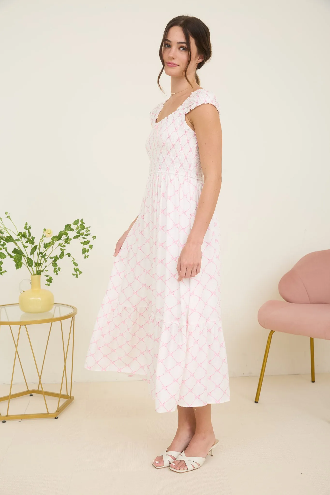PLUS BOW PATTERN RUCHED SLEEVE SMOCKED MIDI DRESS sold by Blu Pepper product image thumbnail 3