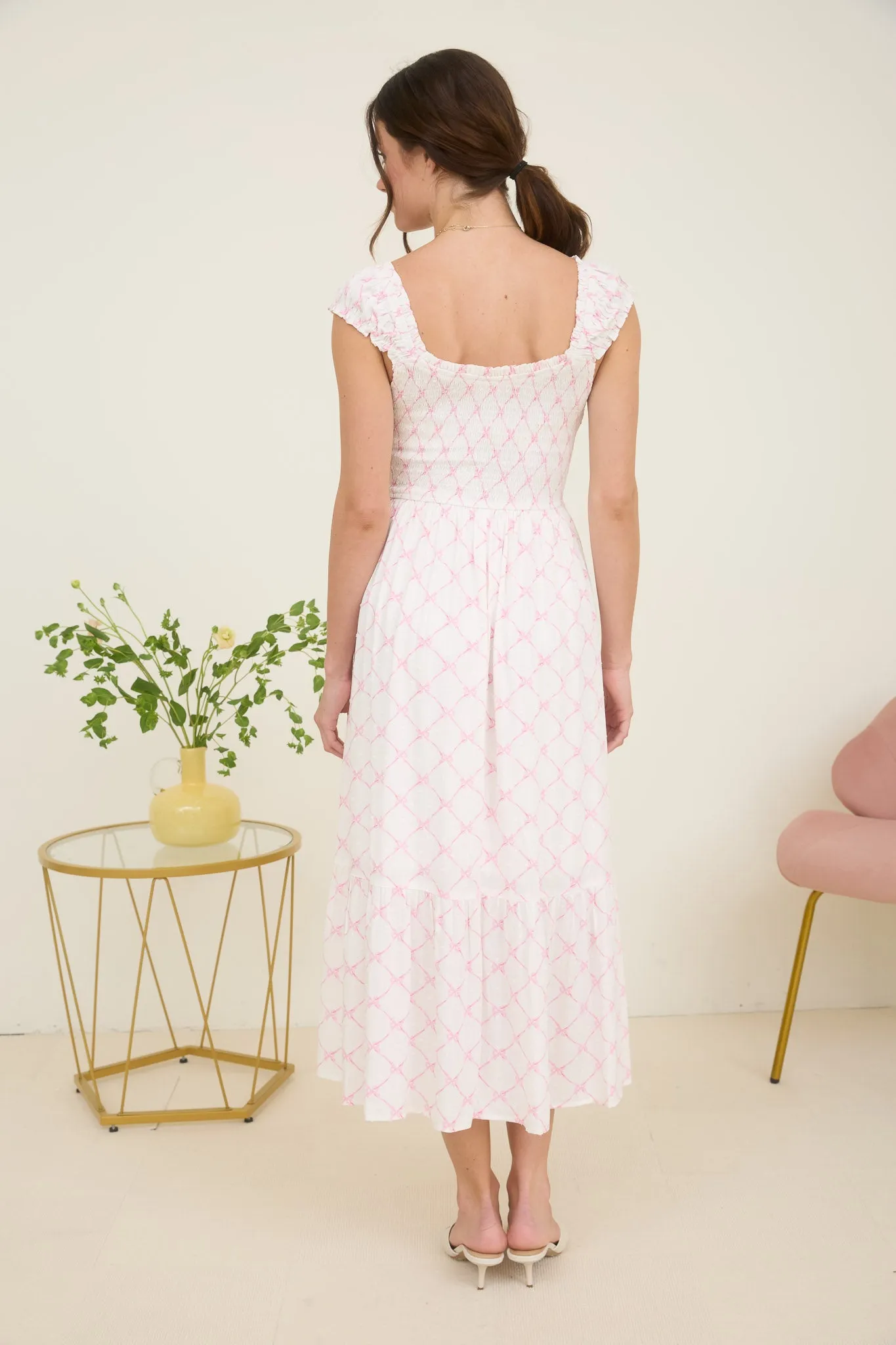 PLUS BOW PATTERN RUCHED SLEEVE SMOCKED MIDI DRESS sold by Blu Pepper product image thumbnail 2