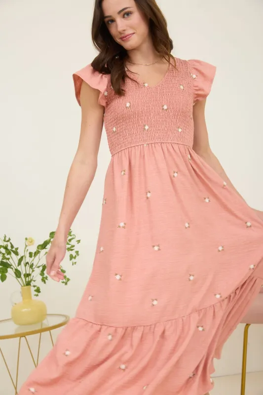 EMBROIDERED FLOWER SMOCKED RUFFLE MIDI DRESS sold by Blu Pepper