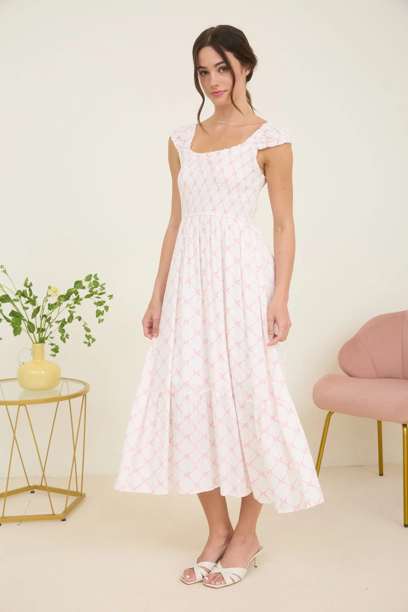 BOW PATTERN RUCHED SLEEVE SMOCKED MIDI DRESS sold by Blu Pepper product image thumbnail 3