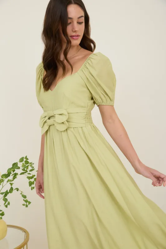 FRONT BOW SWEETHEART NECK PUFF SLEEVE MIDI DRESS sold by Blu Pepper