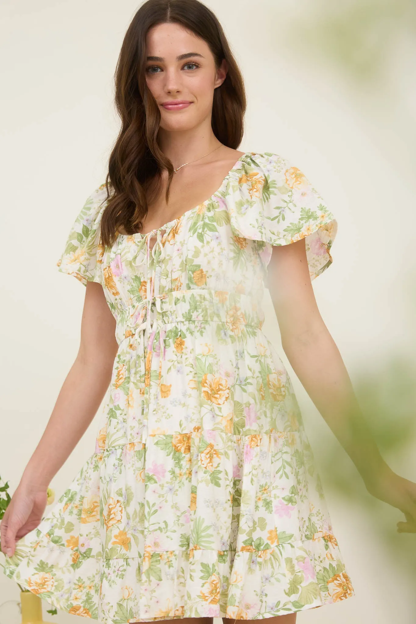 FLORAL FRONT TIE SCOOP NECK TIERED MINI DRESS sold by Blu Pepper product image thumbnail 3