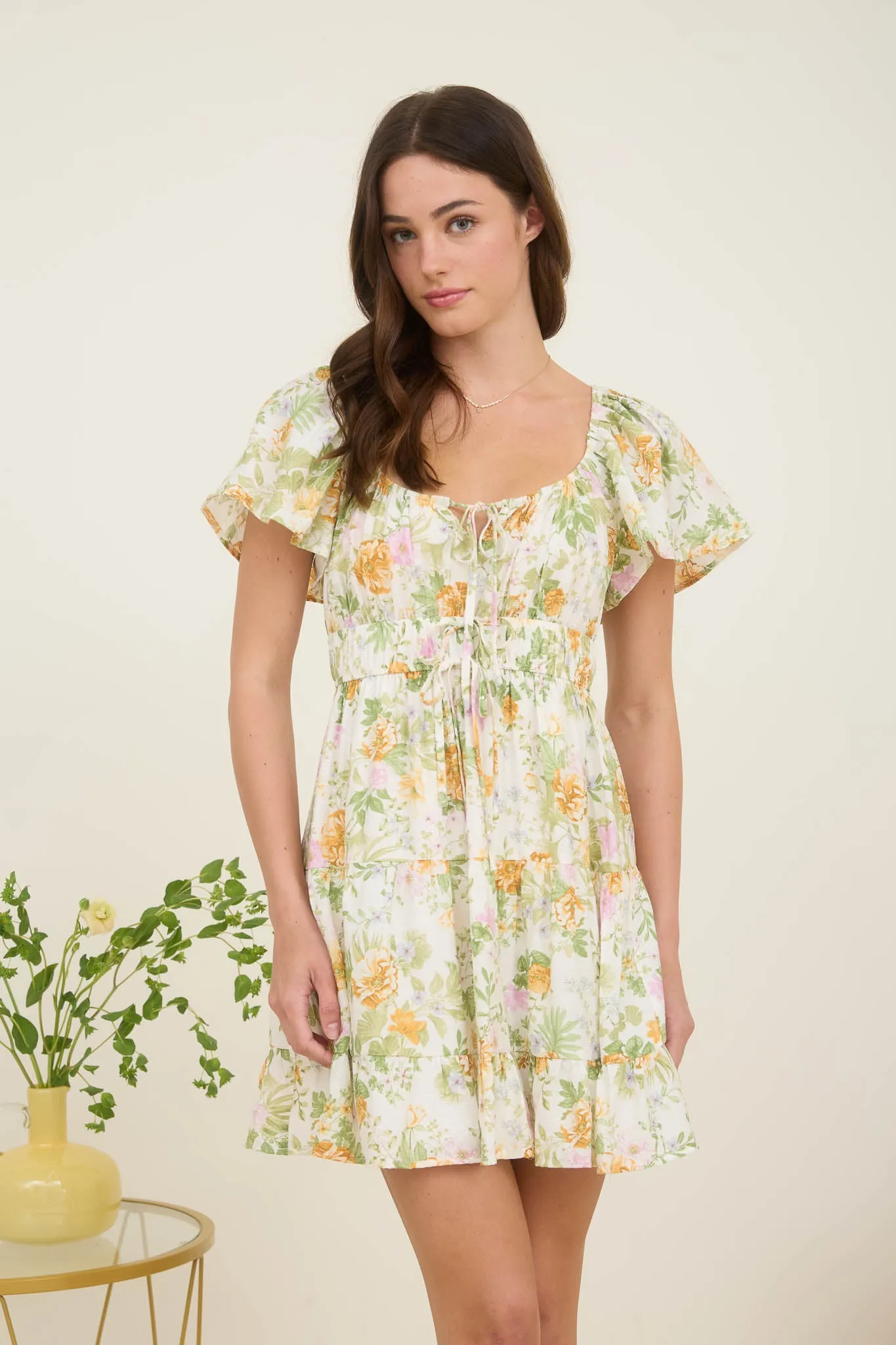 FLORAL FRONT TIE SCOOP NECK TIERED MINI DRESS sold by Blu Pepper product image thumbnail 4