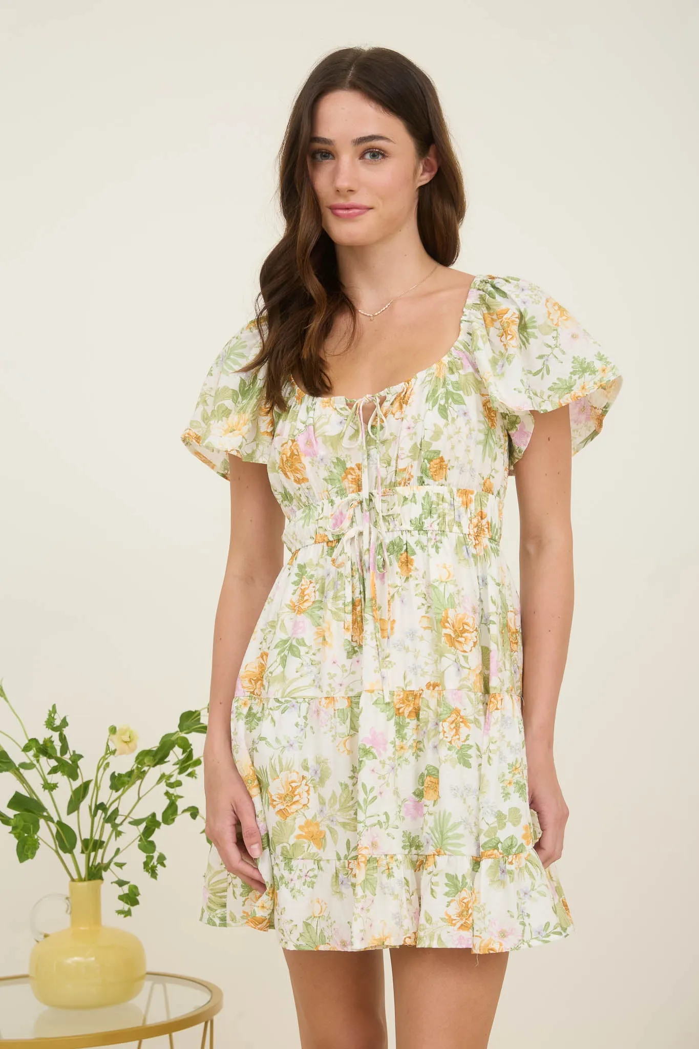 FLORAL FRONT TIE SCOOP NECK TIERED MINI DRESS sold by Blu Pepper product image thumbnail 5