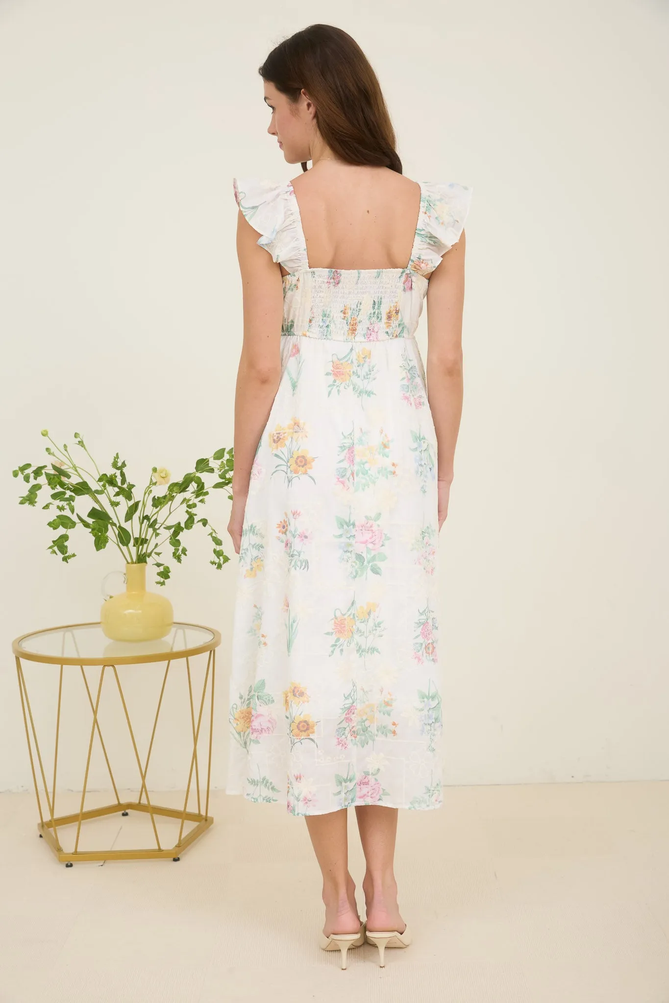 FLORAL EMBROIDERY DETAIL RUFFLE SLEEVE MIDI DRESS sold by Blu Pepper product image thumbnail 2