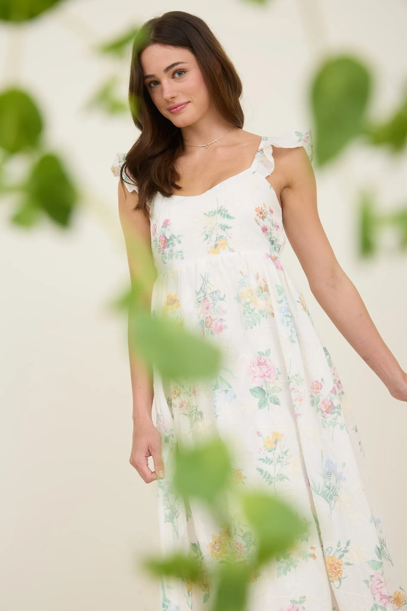 FLORAL EMBROIDERY DETAIL RUFFLE SLEEVE MIDI DRESS sold by Blu Pepper product image thumbnail 4