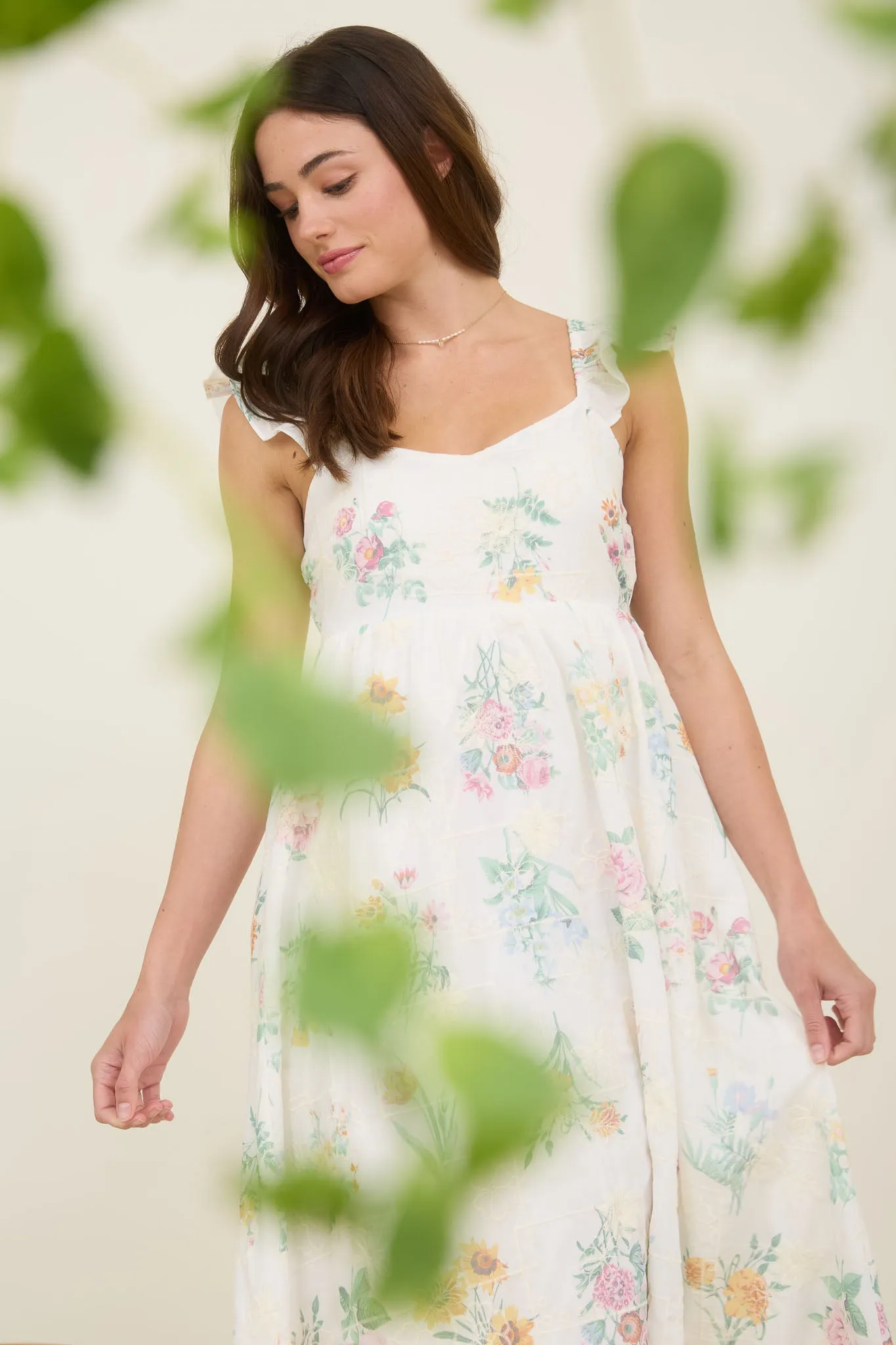 FLORAL EMBROIDERY DETAIL RUFFLE SLEEVE MIDI DRESS sold by Blu Pepper product image thumbnail 5