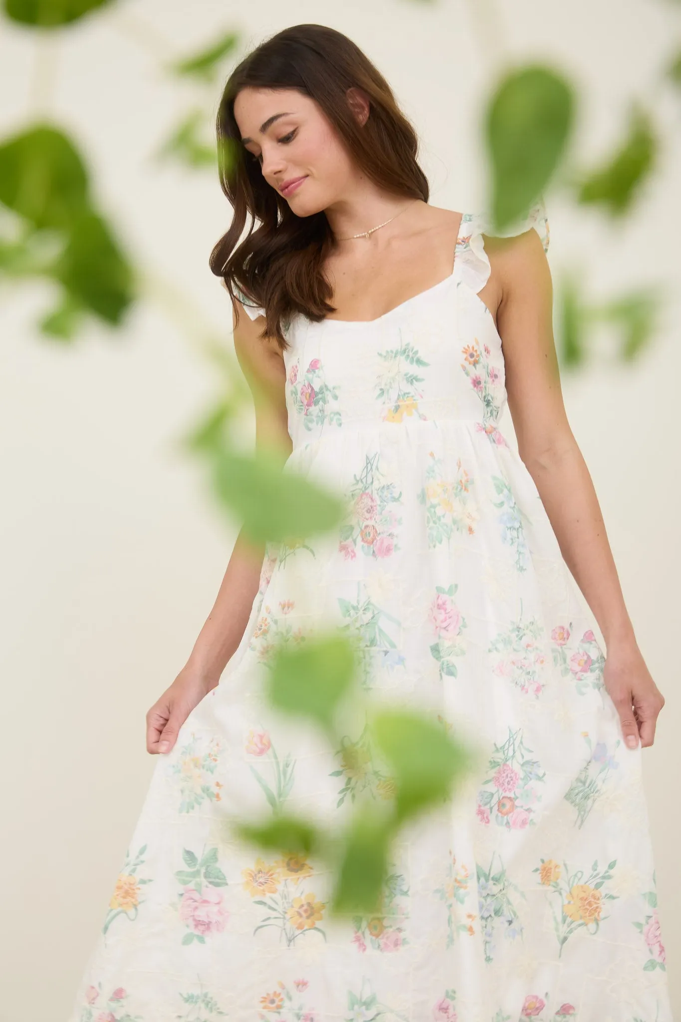 FLORAL EMBROIDERY DETAIL RUFFLE SLEEVE MIDI DRESS sold by Blu Pepper