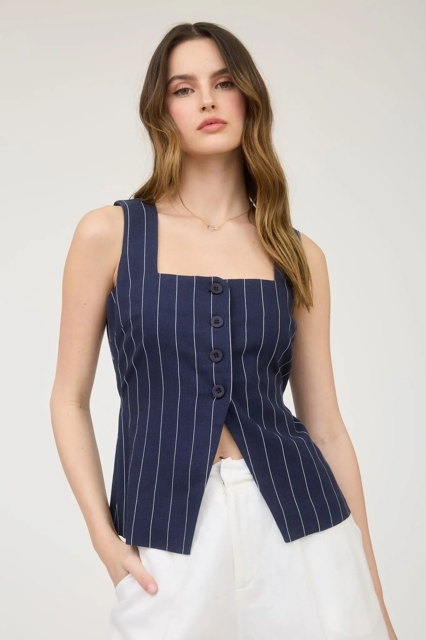 PINSTRIPE SQUARE NECK BUTTON FRONT VEST TOP sold by Blu Pepper