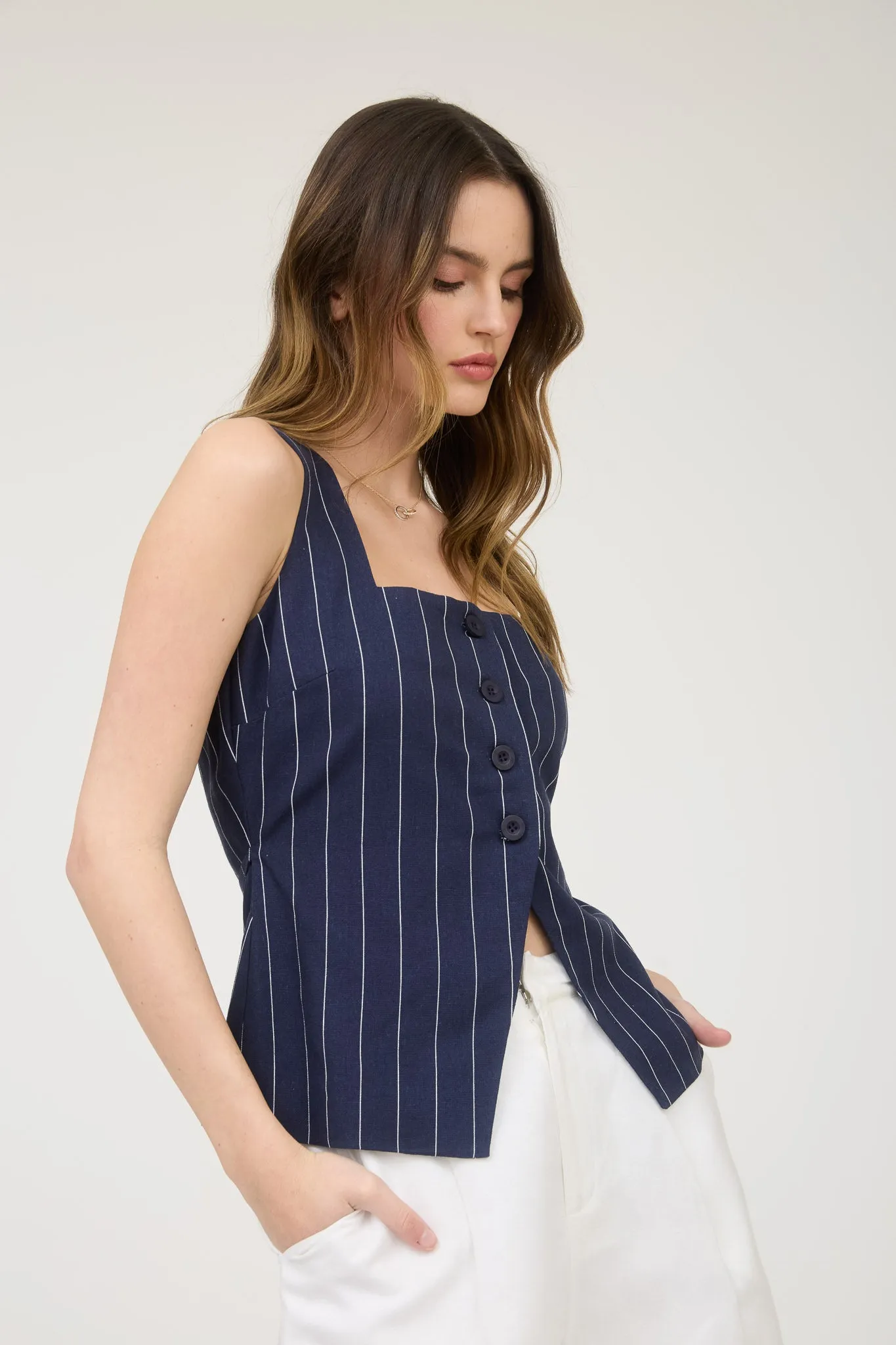 PINSTRIPE SQUARE NECK BUTTON FRONT VEST TOP sold by Blu Pepper product image thumbnail 3