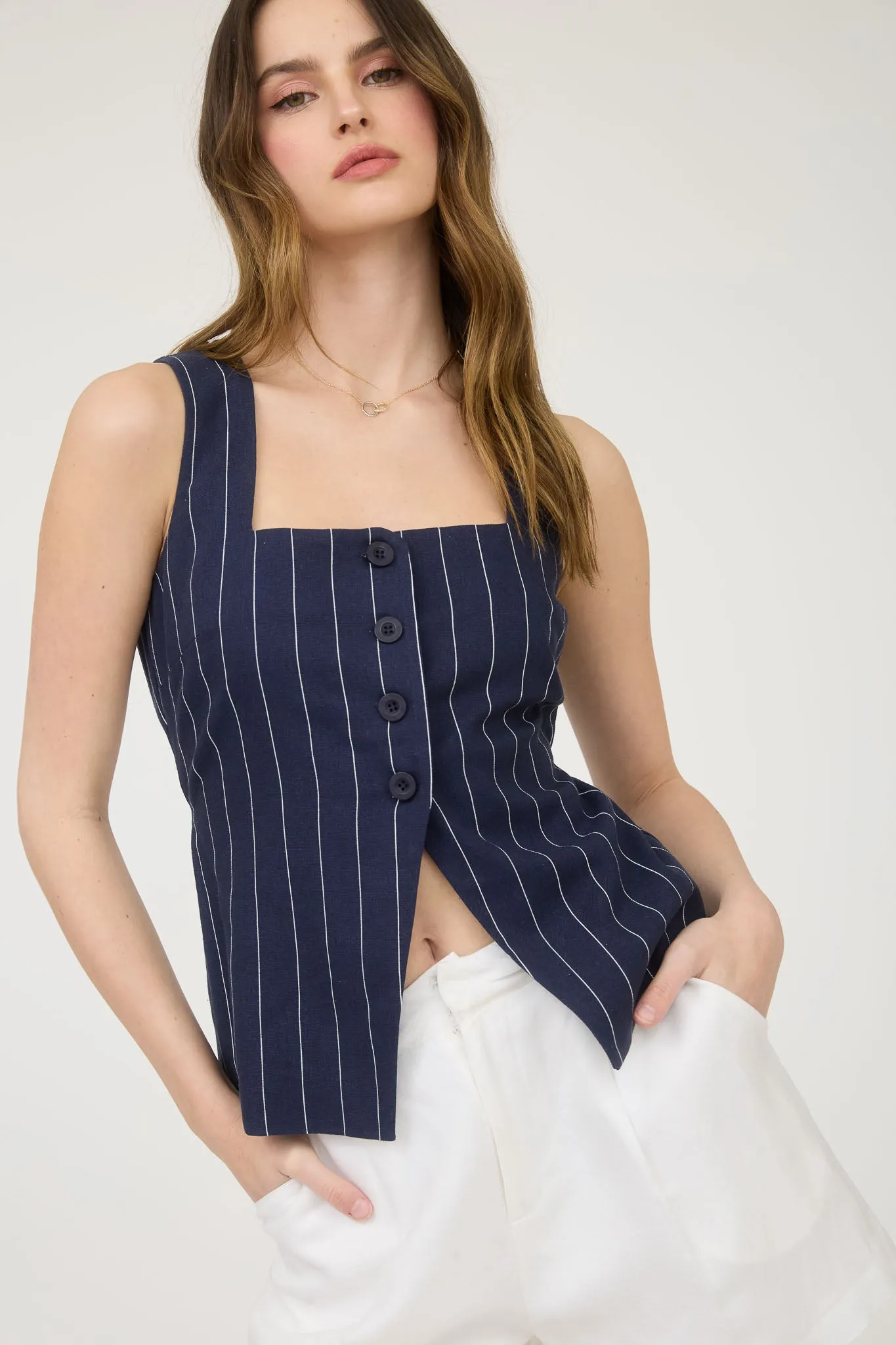 PINSTRIPE SQUARE NECK BUTTON FRONT VEST TOP sold by Blu Pepper product image thumbnail 5
