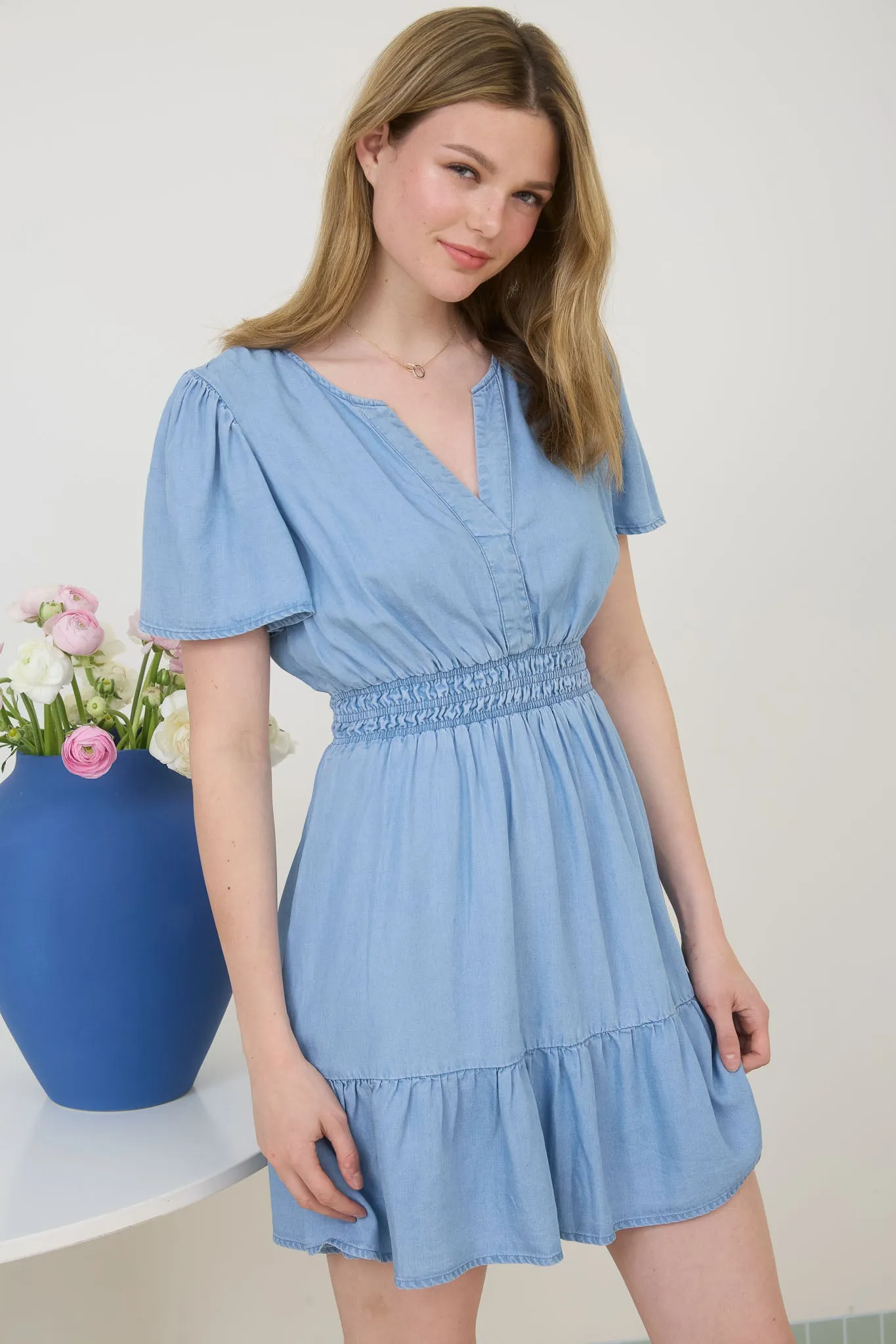 SPLIT NECK FLOUNCE CHAMBRAY MINI DRESS sold by Blu Pepper product image thumbnail 3