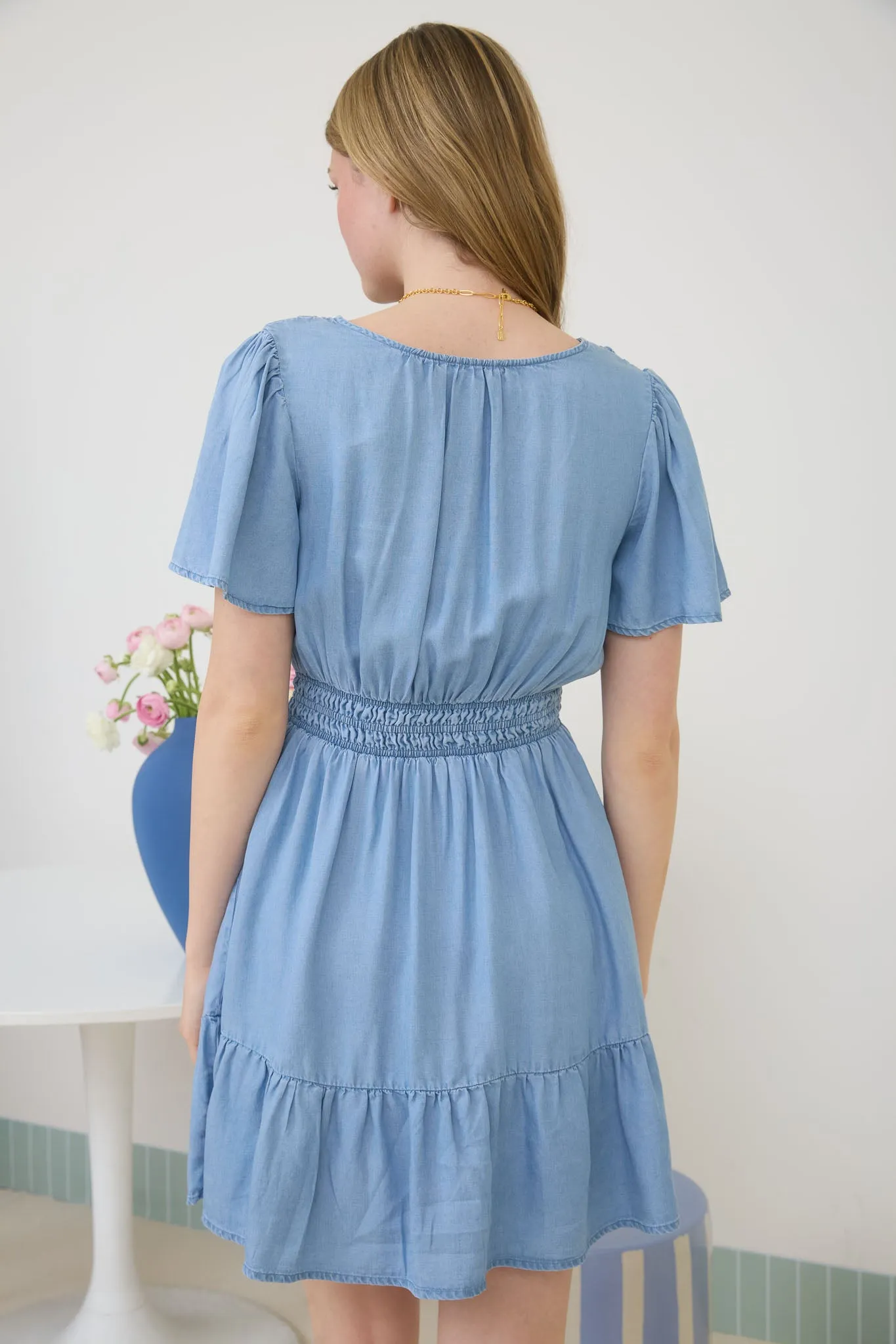 SPLIT NECK FLOUNCE CHAMBRAY MINI DRESS sold by Blu Pepper product image thumbnail 2