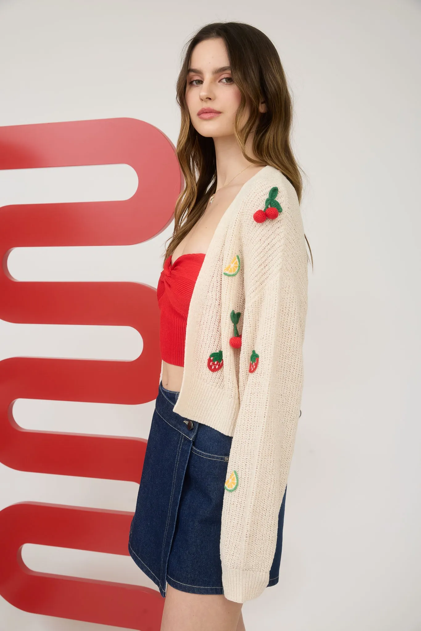 CROCHET FRUIT DETAIL OPEN FRONT KNIT CARDIGAN sold by Blu Pepper product image thumbnail 3