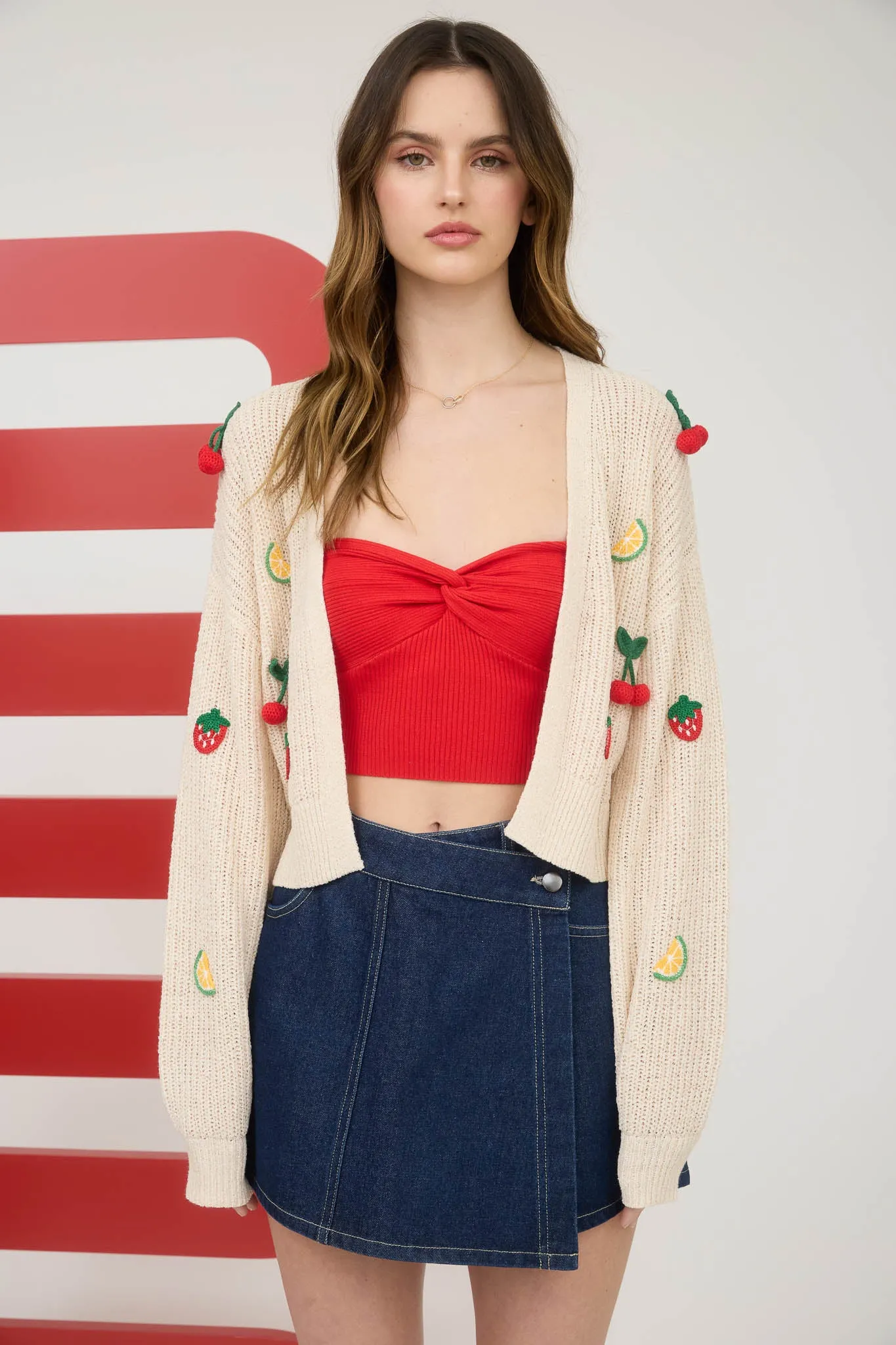 CROCHET FRUIT DETAIL OPEN FRONT KNIT CARDIGAN sold by Blu Pepper product image thumbnail 5