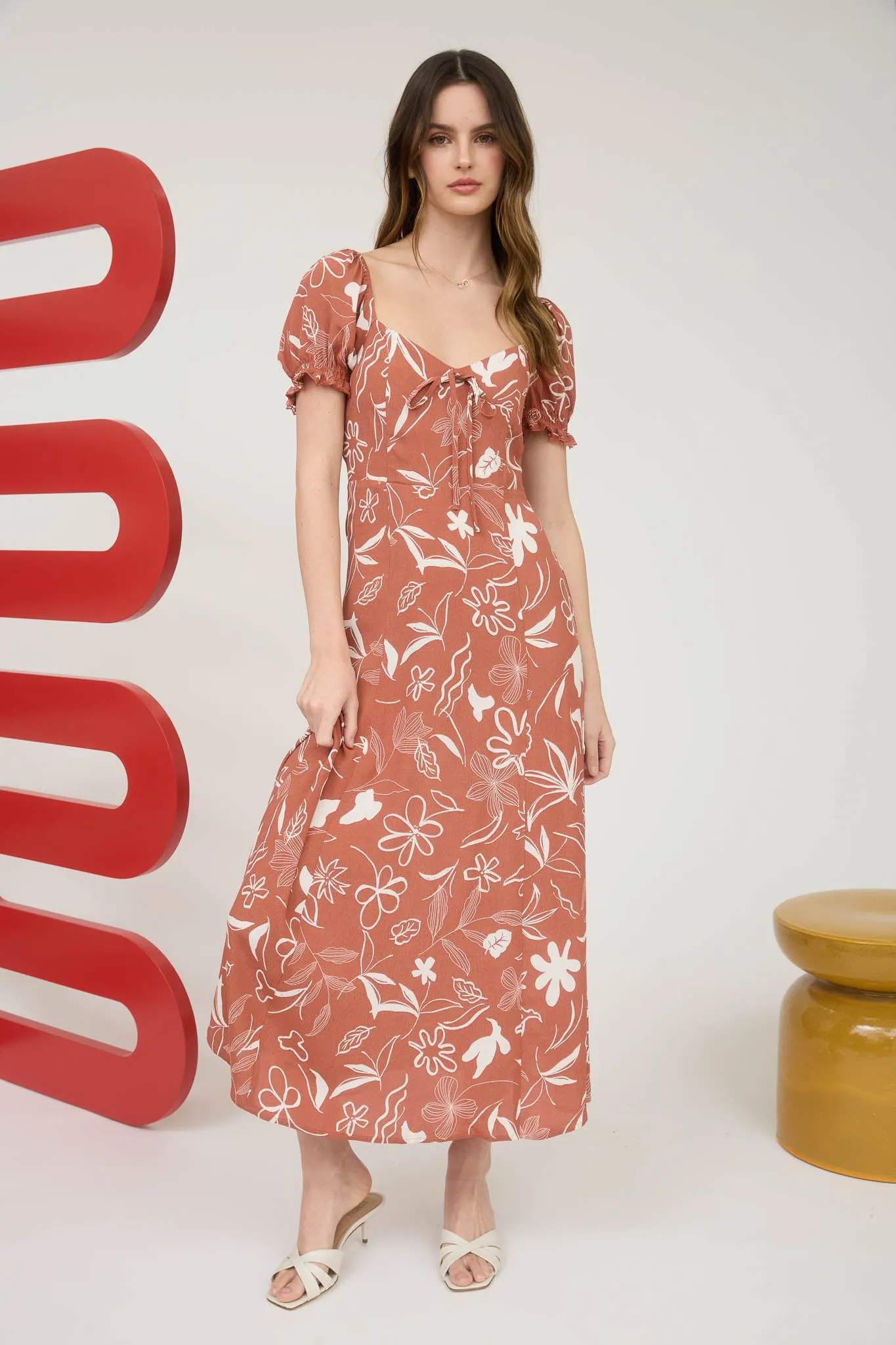 FLORAL FRONT TIE PUFF SLEEVE LACE TRIM MIDI DRESS sold by Blu Pepper product image thumbnail 4