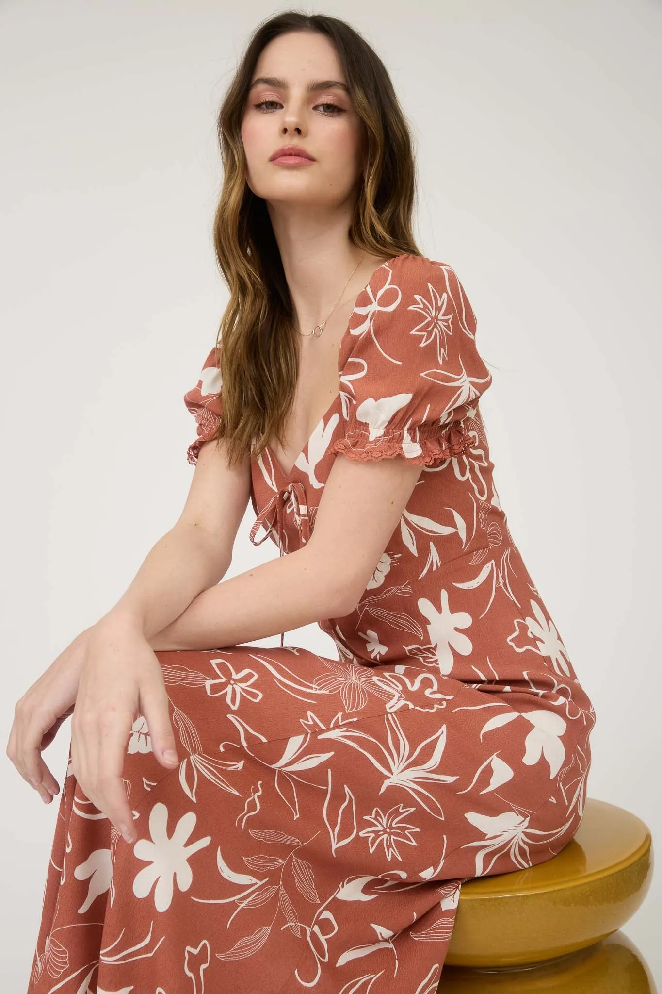 FLORAL FRONT TIE PUFF SLEEVE LACE TRIM MIDI DRESS sold by Blu Pepper product image thumbnail 3