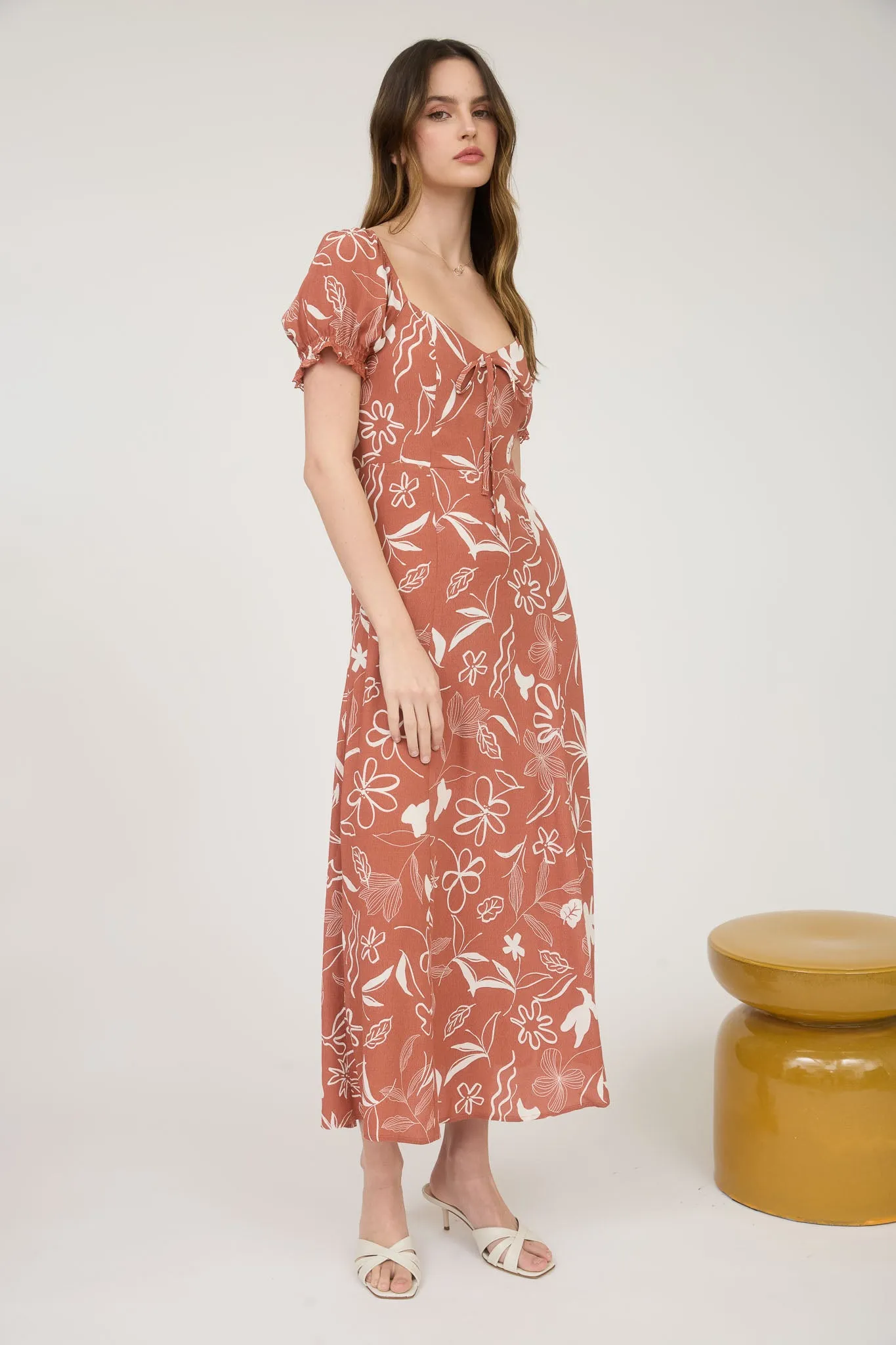 FLORAL FRONT TIE PUFF SLEEVE LACE TRIM MIDI DRESS sold by Blu Pepper product image thumbnail 5