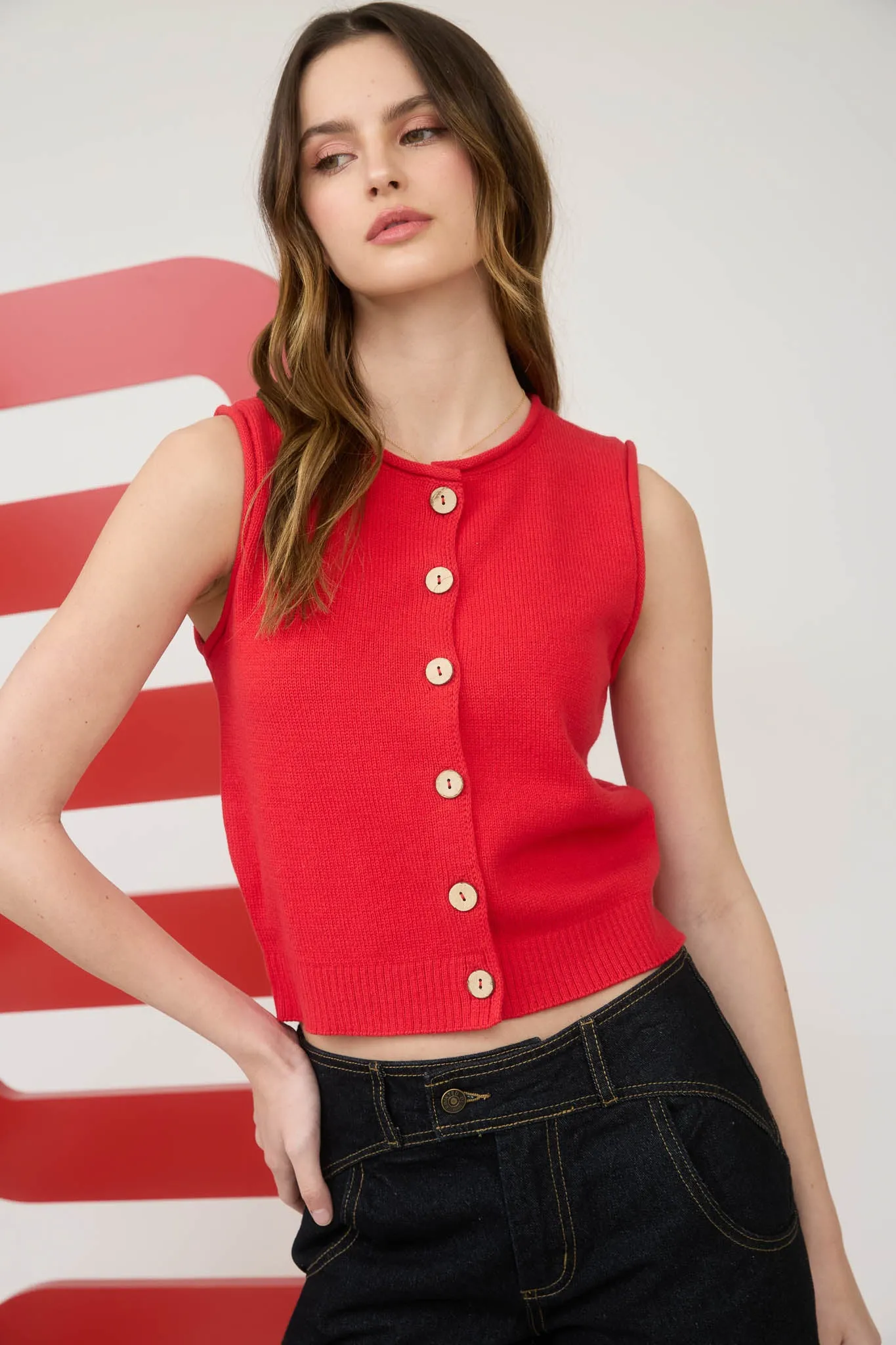 RAW EDGE BUTTON DOWN KNIT CARDIGAN VEST TOP sold by Blu Pepper product image thumbnail 5