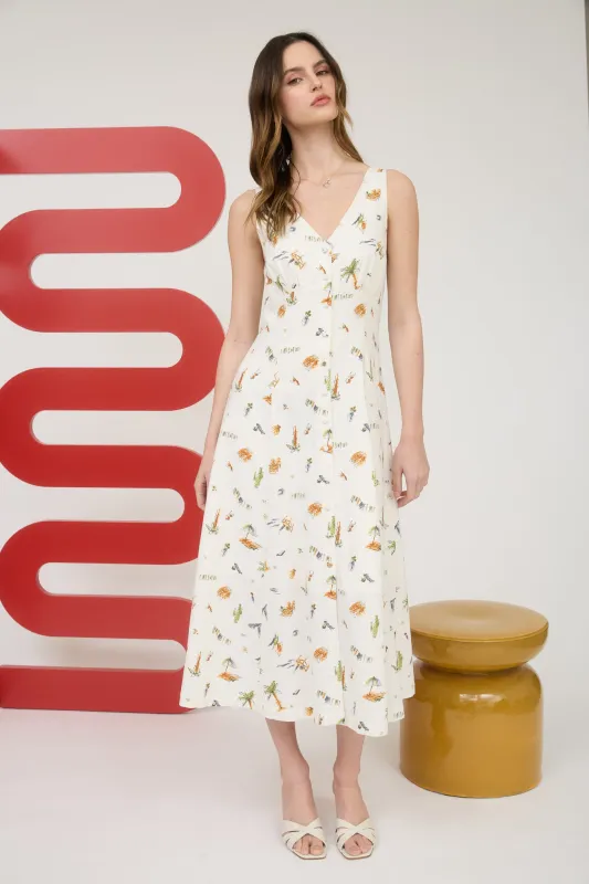 BEACH PRINT BUTTON DOWN SLEEVELESS MIDI DRESS sold by Blu Pepper