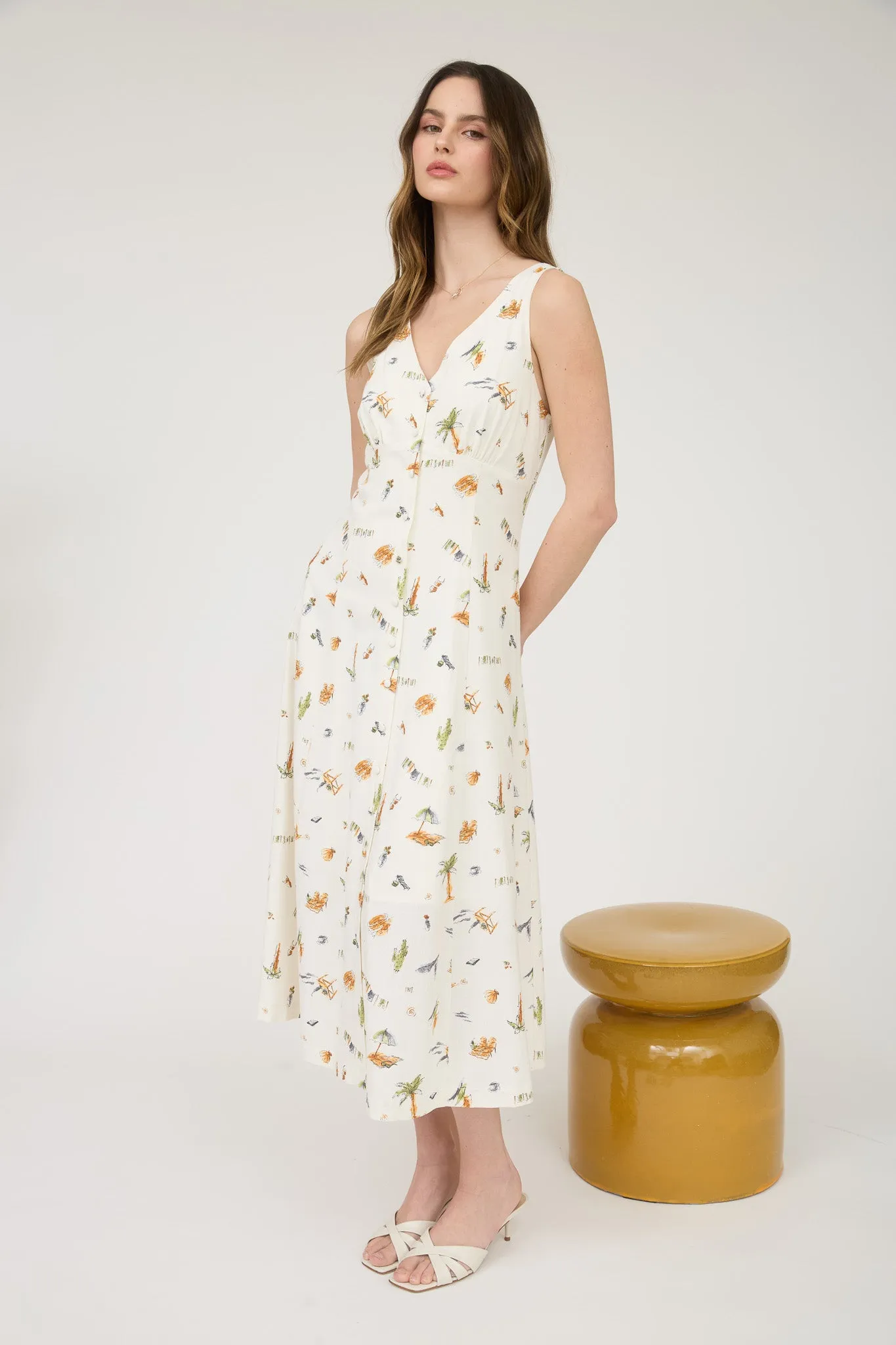 BEACH PRINT BUTTON DOWN SLEEVELESS MIDI DRESS sold by Blu Pepper product image thumbnail 3