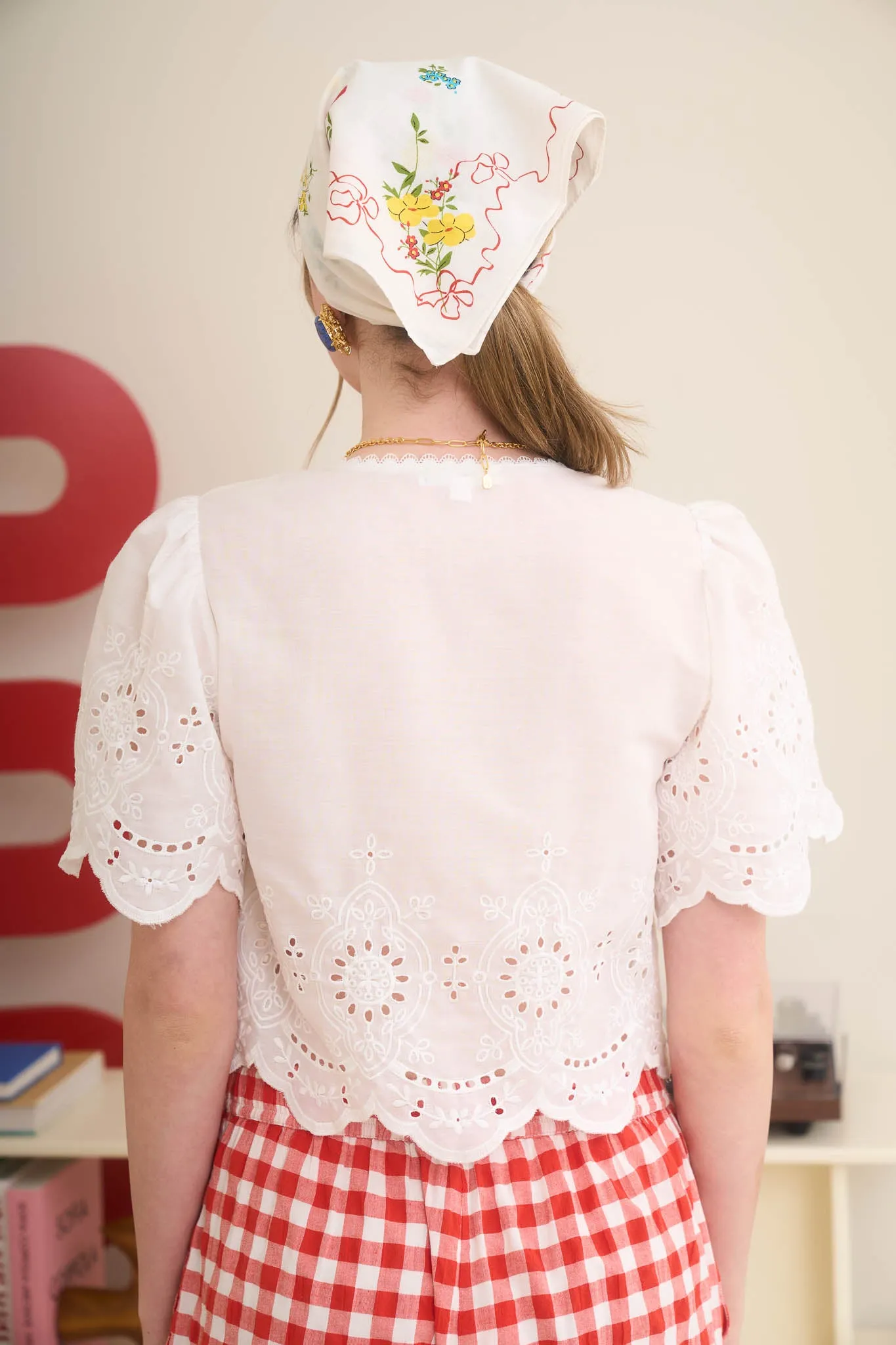 EMBROIDERED EYELET SCALLOP TRIM FRONT TIE CROP TOP sold by Blu Pepper product image thumbnail 2