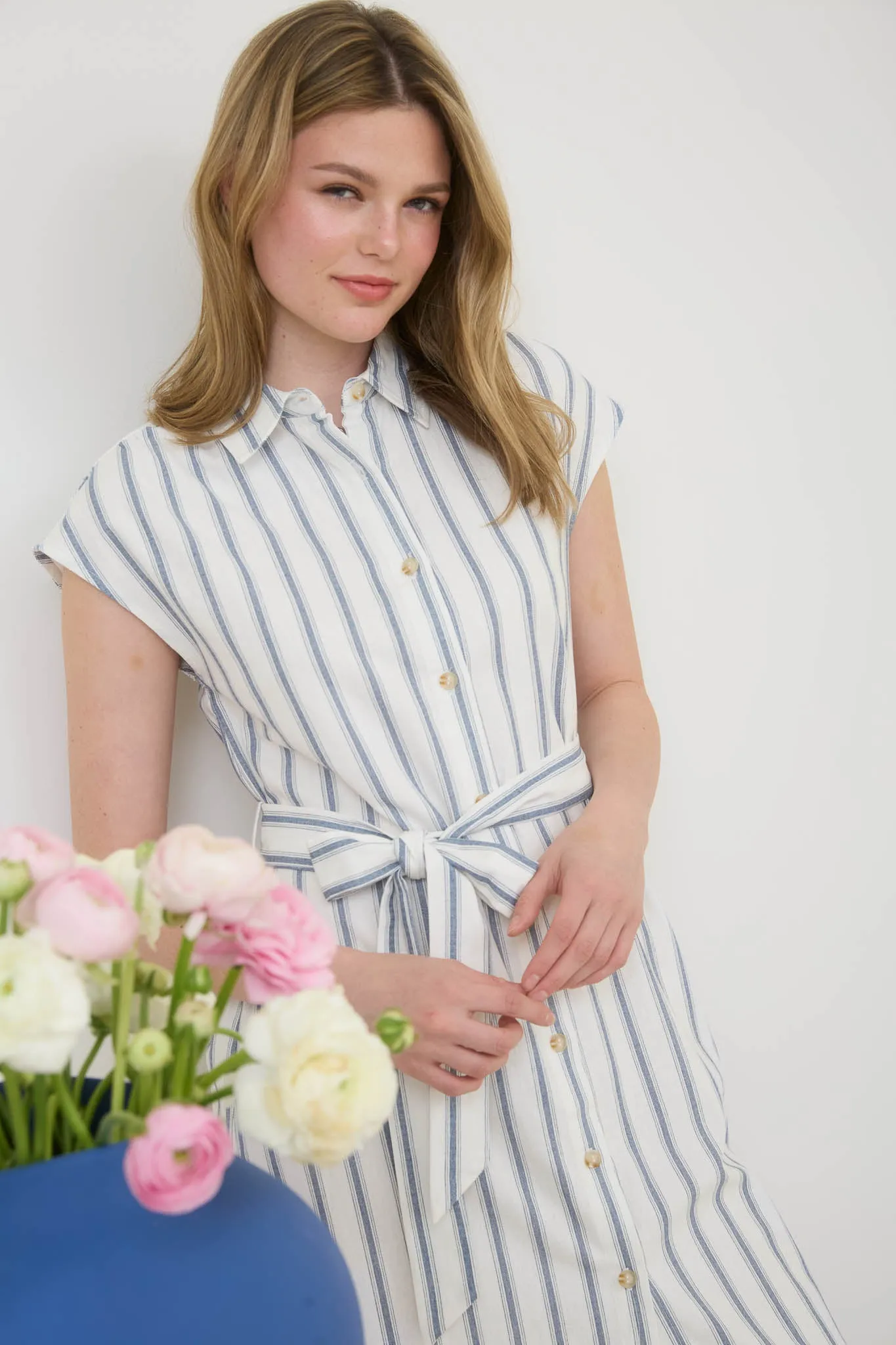 STRIPE COLLARED BUTTON DOWN BELT TIE SHIRT DRESS sold by Blu Pepper product image thumbnail 4