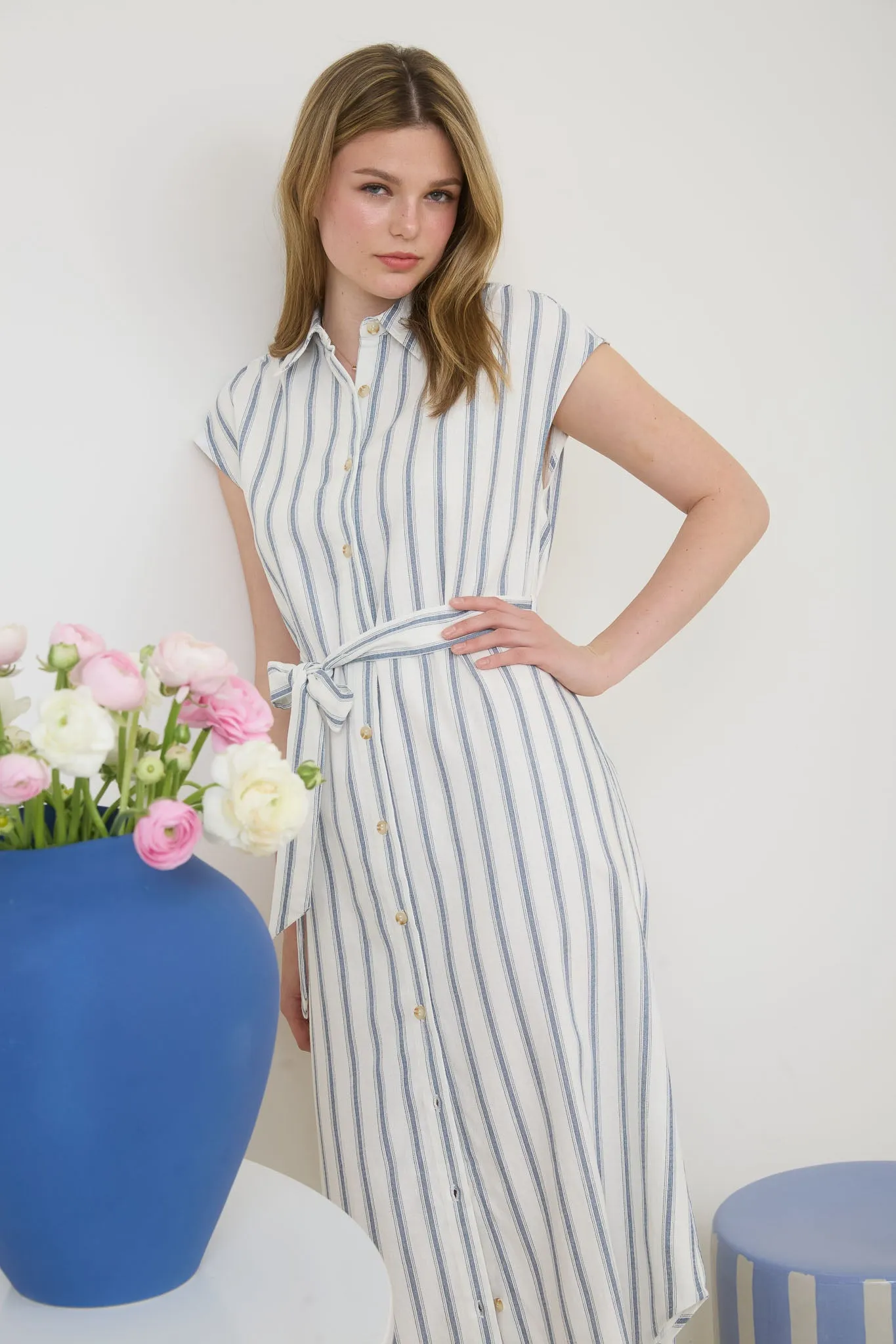 STRIPE COLLARED BUTTON DOWN BELT TIE SHIRT DRESS sold by Blu Pepper