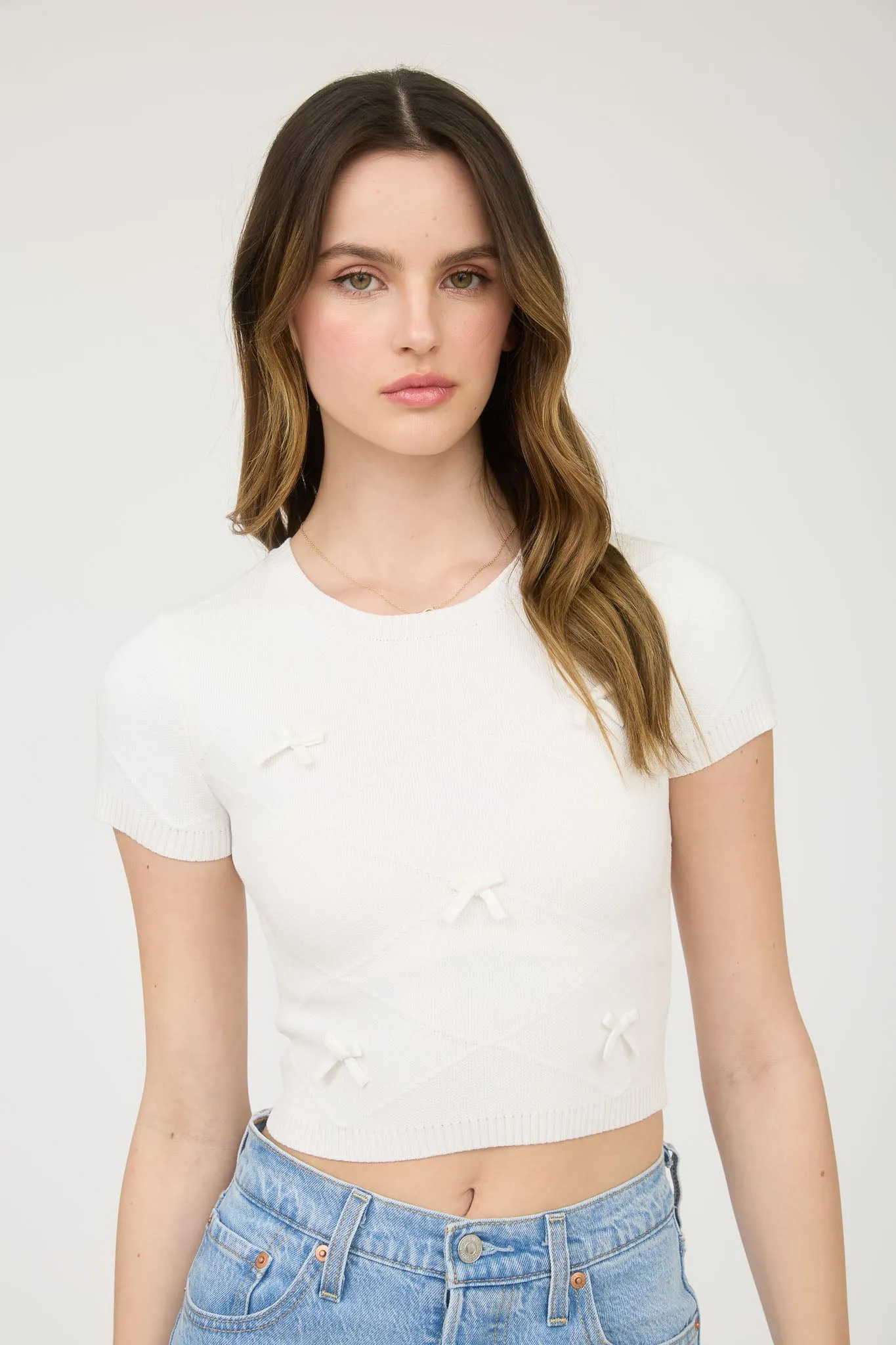 PLUS BOW DETAIL CREW NECK SHORT SLEEVE SWEATER TOP sold by Blu Pepper product image thumbnail 4