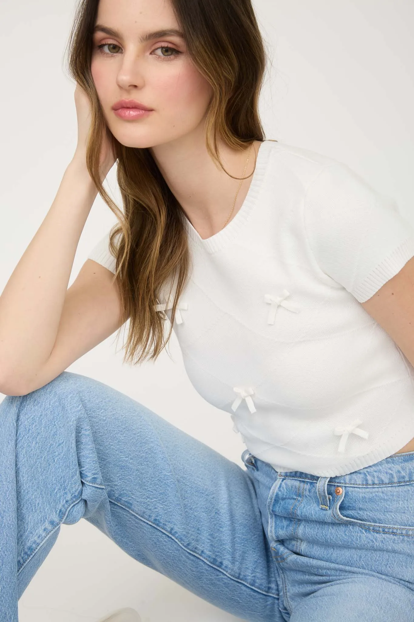 PLUS BOW DETAIL CREW NECK SHORT SLEEVE SWEATER TOP sold by Blu Pepper product image thumbnail 3