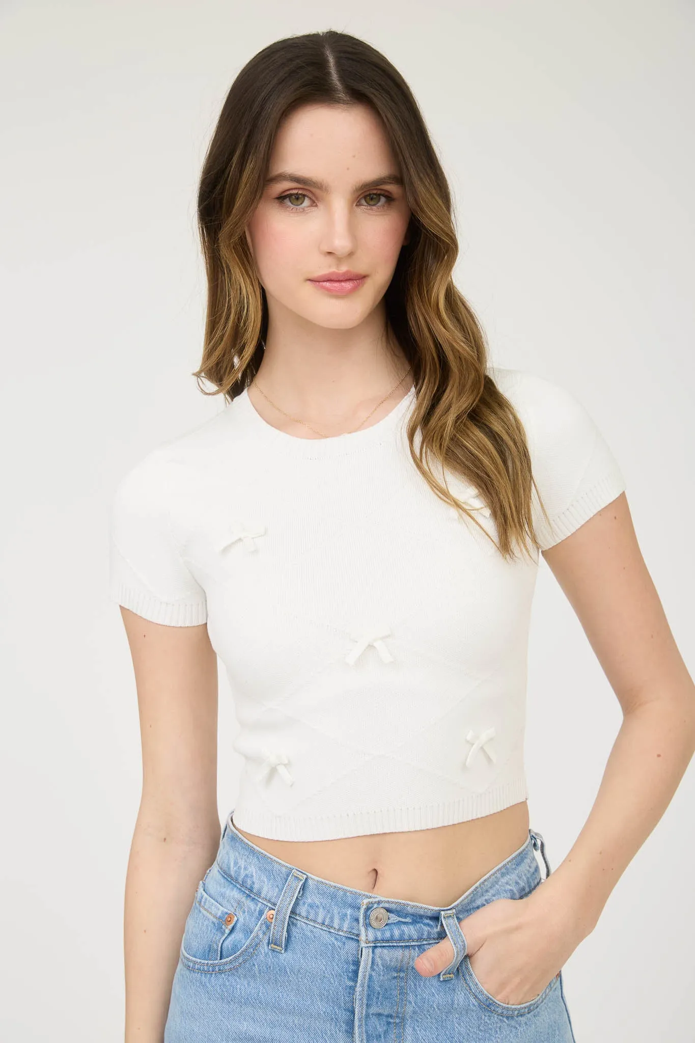 PLUS BOW DETAIL CREW NECK SHORT SLEEVE SWEATER TOP sold by Blu Pepper product image thumbnail 5