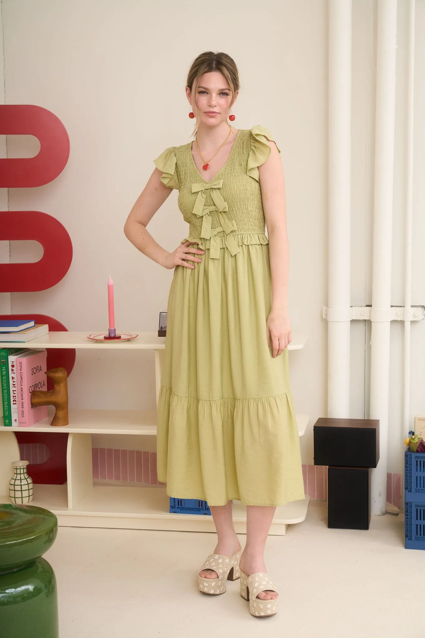 BOW DETAIL V NECK SMOCKED RUFFLED MIDI DRESS sold by Blu Pepper product image thumbnail 4