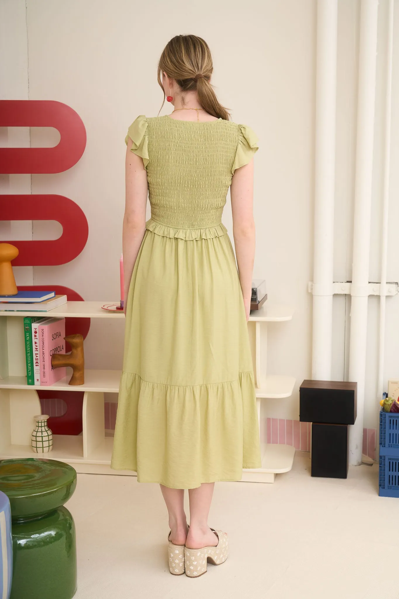 BOW DETAIL V NECK SMOCKED RUFFLED MIDI DRESS sold by Blu Pepper product image thumbnail 2