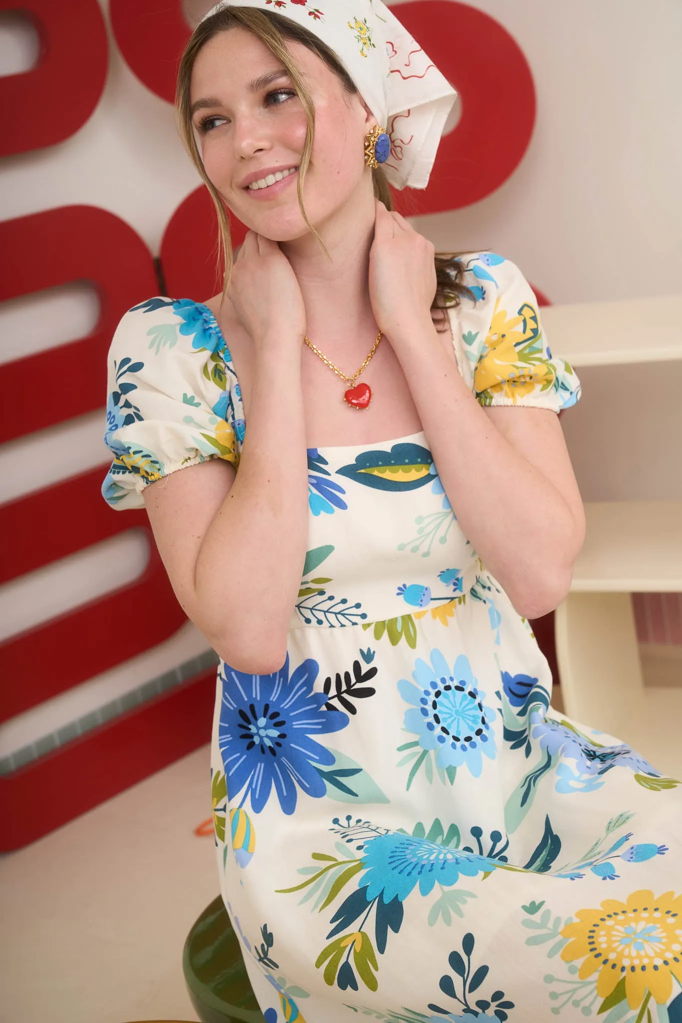 FLORAL PRINT SHORT PUFF SLEEVE A-LINE MIDI DRESS sold by Blu Pepper product image thumbnail 4