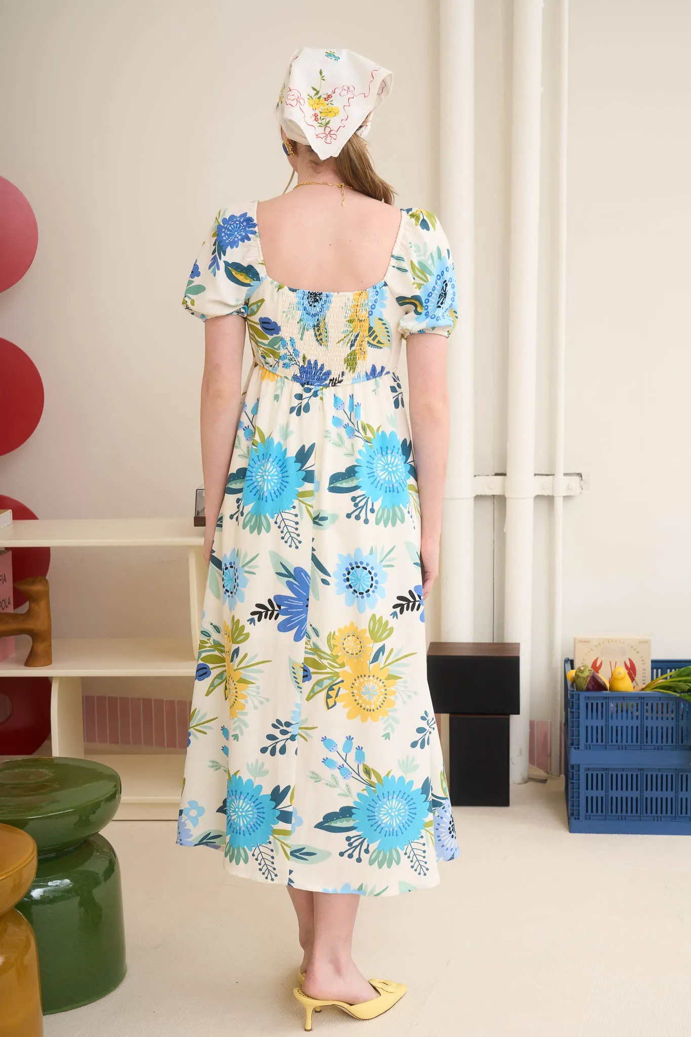 FLORAL PRINT SHORT PUFF SLEEVE A-LINE MIDI DRESS sold by Blu Pepper product image thumbnail 2