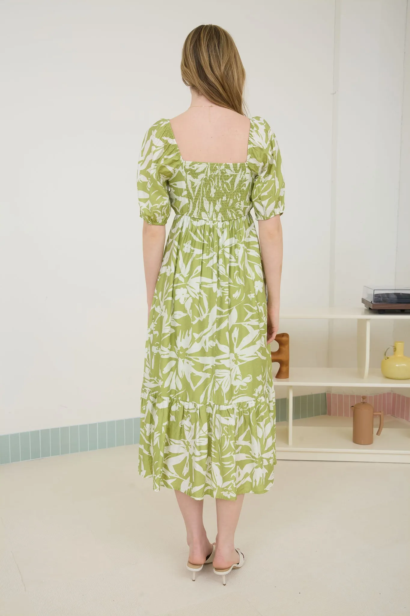 FLORAL LEAF PRINT PLEATED PUFF SLEEVE MIDI DRESS sold by Blu Pepper product image thumbnail 2