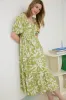 FLORAL LEAF PRINT PLEATED PUFF SLEEVE MIDI DRESS sold by Blu Pepper