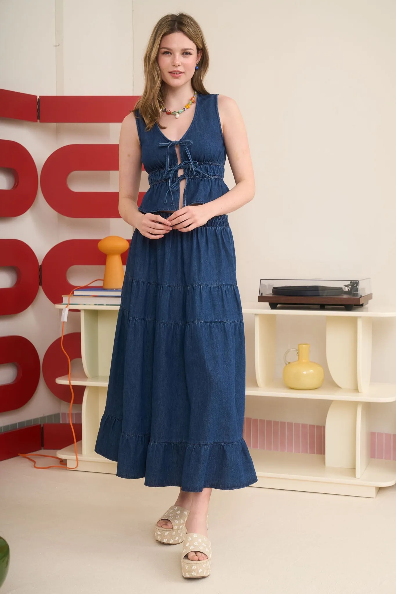 ELASTIC HIGH WAIST TIERED DENIM MIDI SKIRT sold by Blu Pepper
