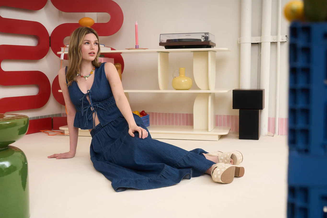 ELASTIC HIGH WAIST TIERED DENIM MIDI SKIRT sold by Blu Pepper product image thumbnail 5